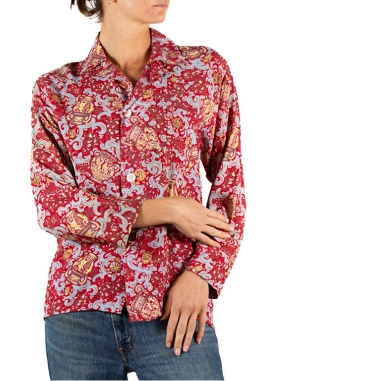 1940S Brick Red & Blue Cold Rayon Button Down Men's Shirt For Sale 3