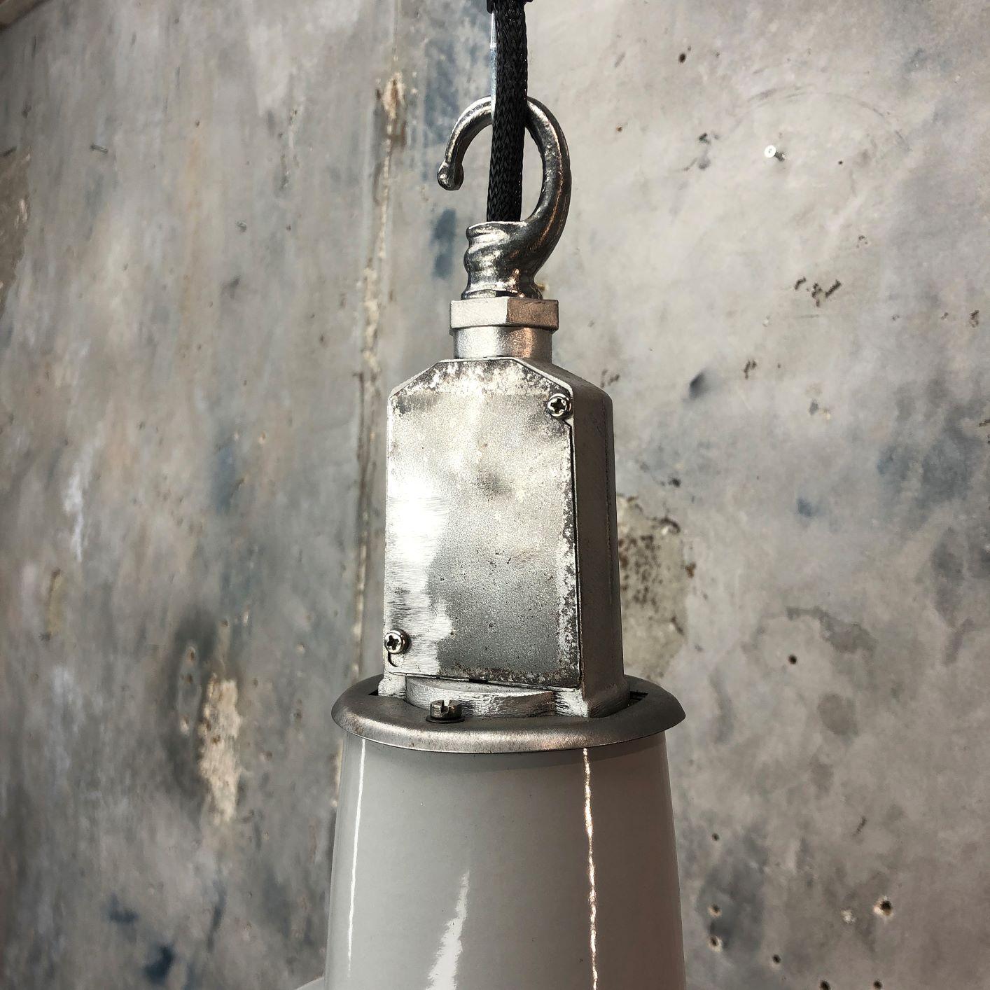 1940s British Thorlux Industrial Grey and White Enamel Factory Pendant Light 2