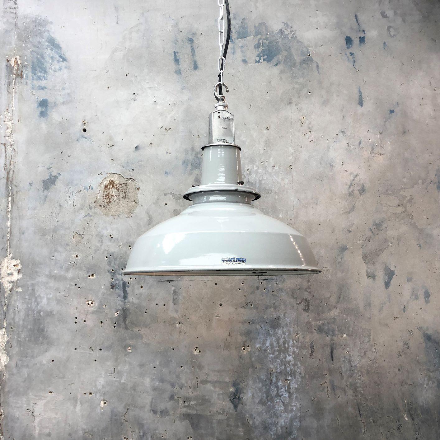 1940s British Thorlux Industrial Grey and White Enamel Factory Pendant Light 5