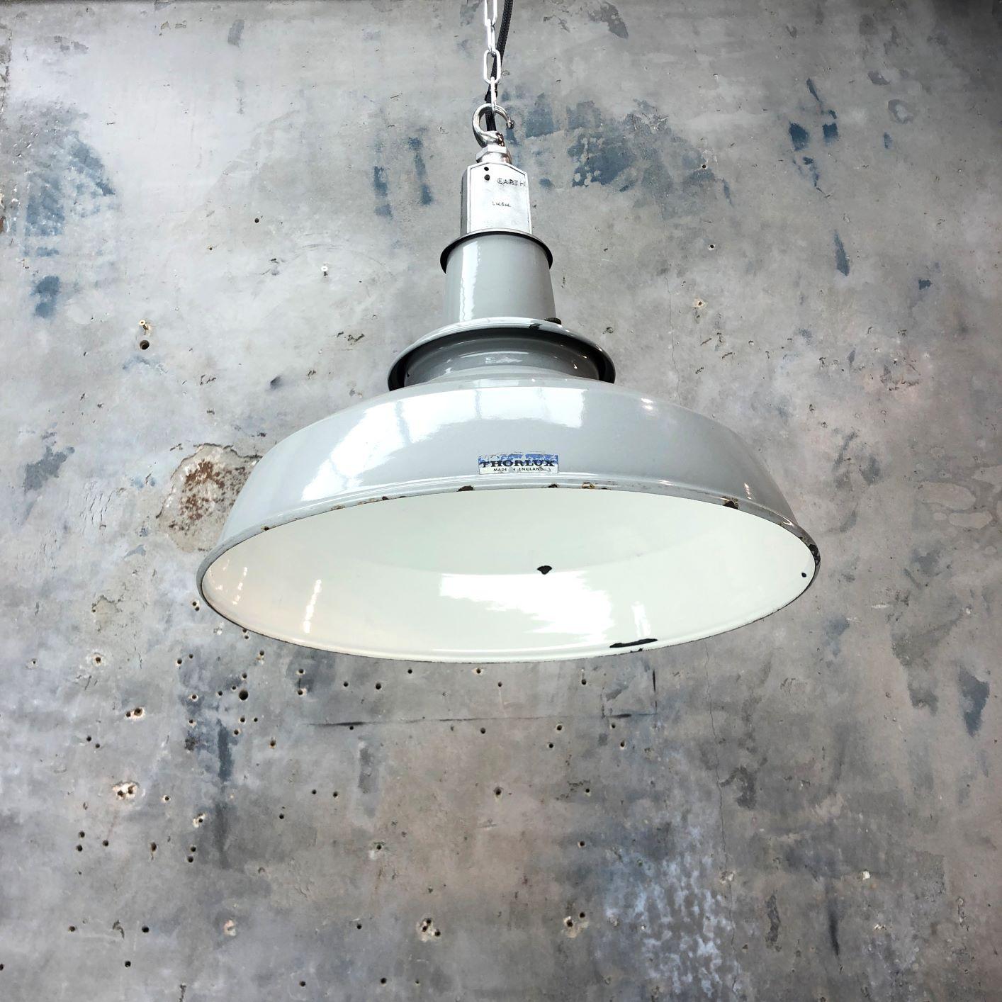 1940s British Thorlux Industrial Grey and White Enamel Factory Pendant Light 7