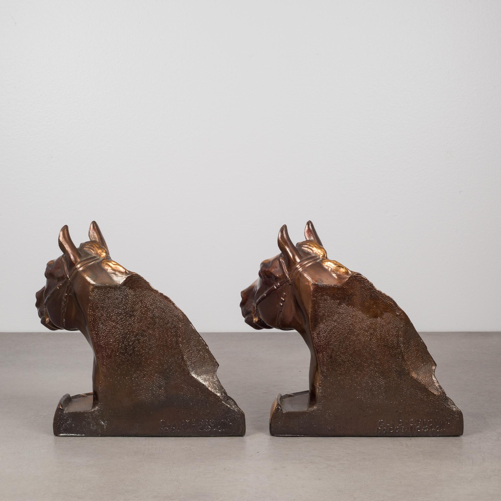 Rustic 1940s Bronze-Plated Horse Bookends Signed by Gladys Brown