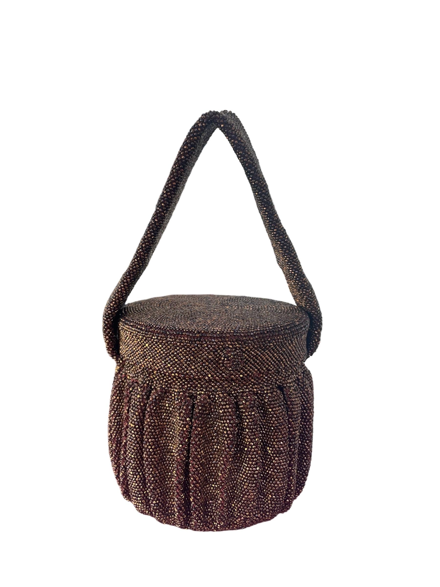 Black 1940s Bronze Steel Cut Bead Circular Box Bag w/ Mirror For Sale