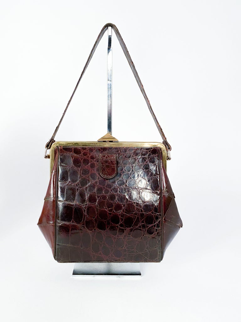 1940s Brown Alligator Handbag with Triangular Clasp Closure at 1stDibs