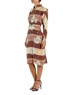 1940S Brown & Blue Cold Rayon Sophisticated Dress With Belt, Pockets Capelet