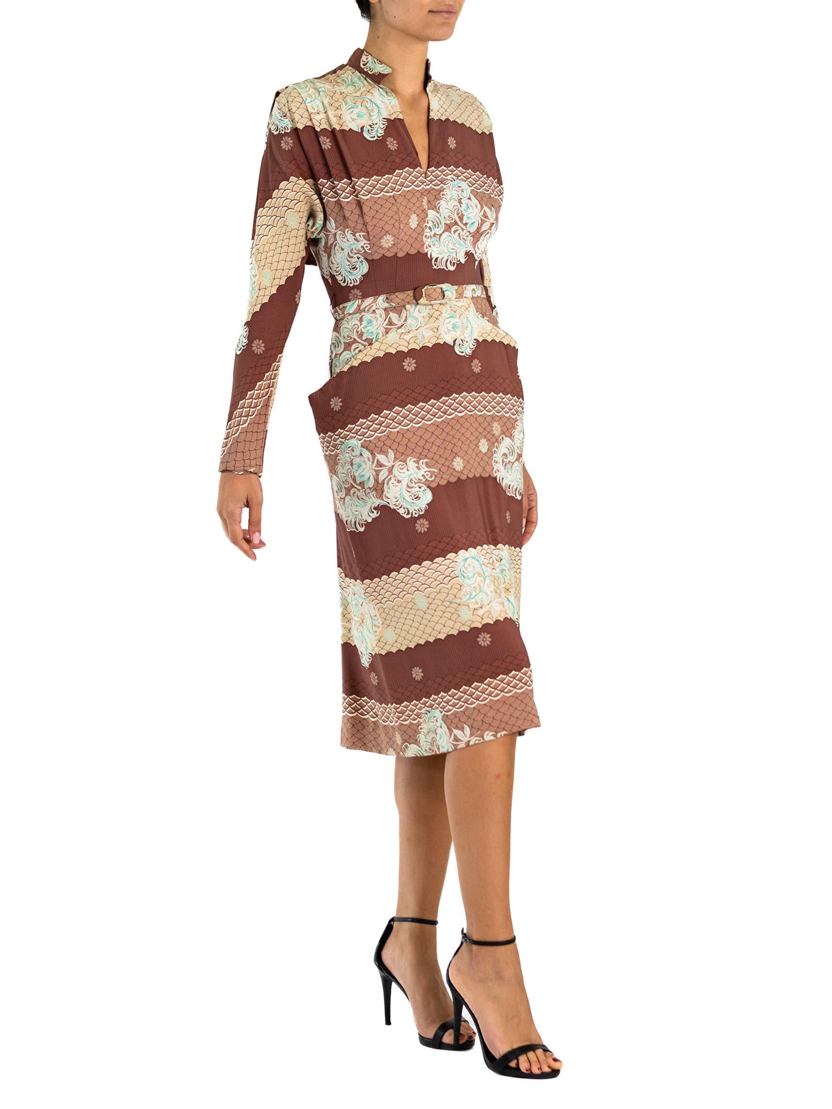 Women's 1940S Brown & Blue Cold Rayon Sophisticated Dress With Belt, Pockets Capelet For Sale