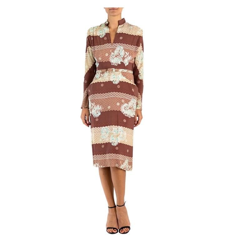 1940S Brown & Blue Cold Rayon Sophisticated Dress With Belt, Pockets Capelet