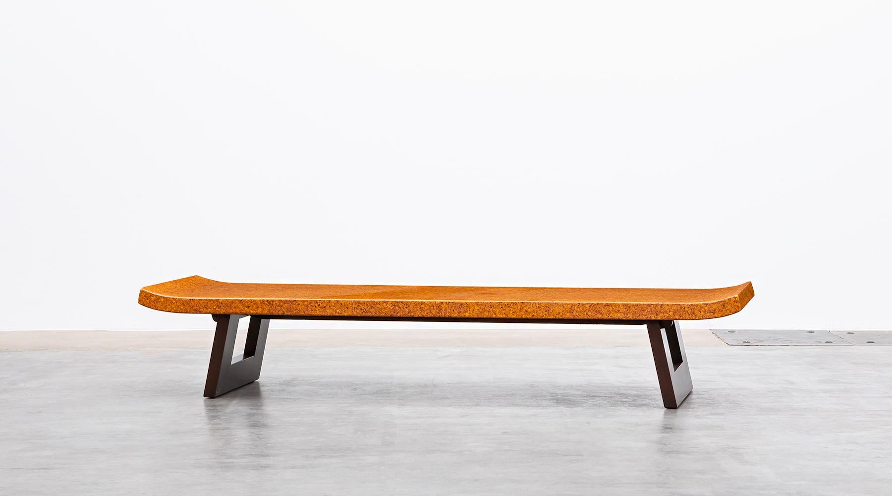 Mahogany, cork, coffee table, bench, Paul Frankl, USA, 1948.

Coffee table from the middle of the century, designed by Paul Frankl. Eloquently shaped cork tabletop, on two wooden mahogany legs, each created in a rectangle. It can be used as a