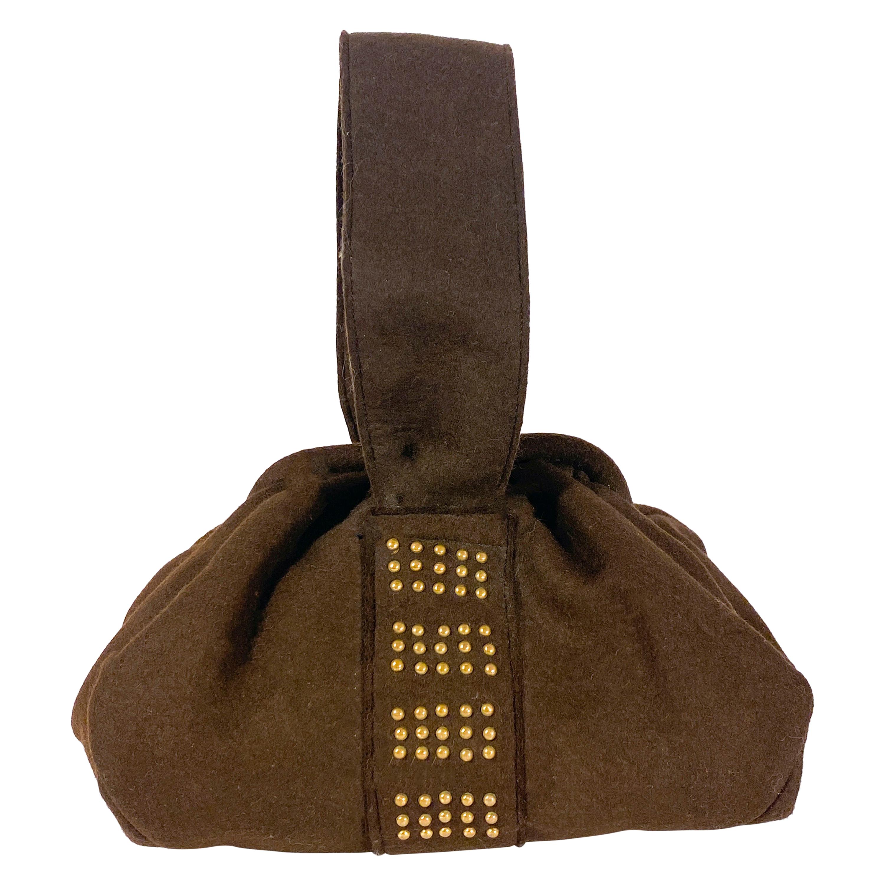 1940s Brown Fur Felt Handbag With Brass Stud Decoration