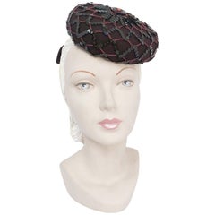 Vintage 1940s Brown Fur Felt Perch Hat With Sequin Netting