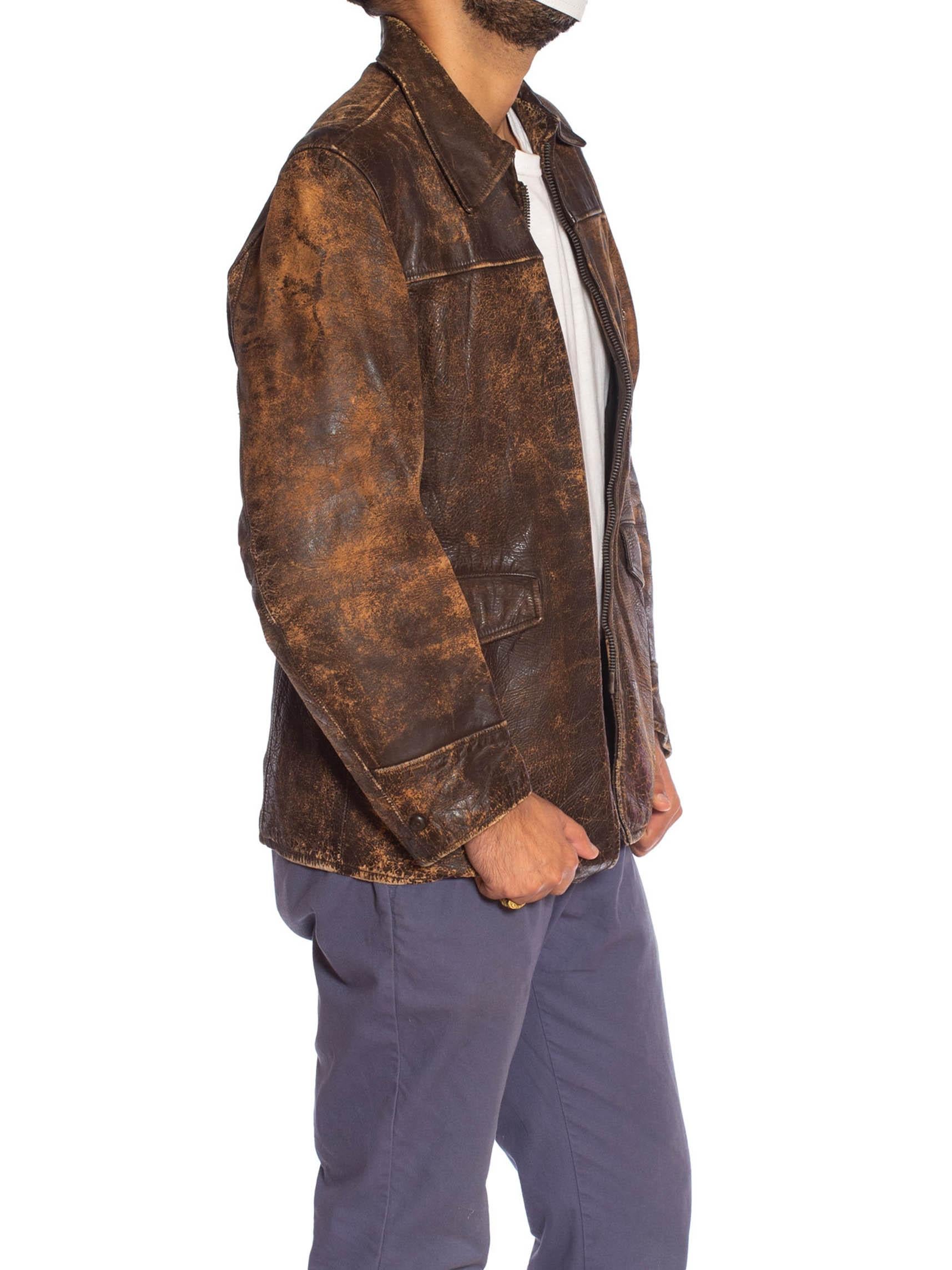 Black 1940S Brown Leather Distressed Zipper Front Jacket For Sale