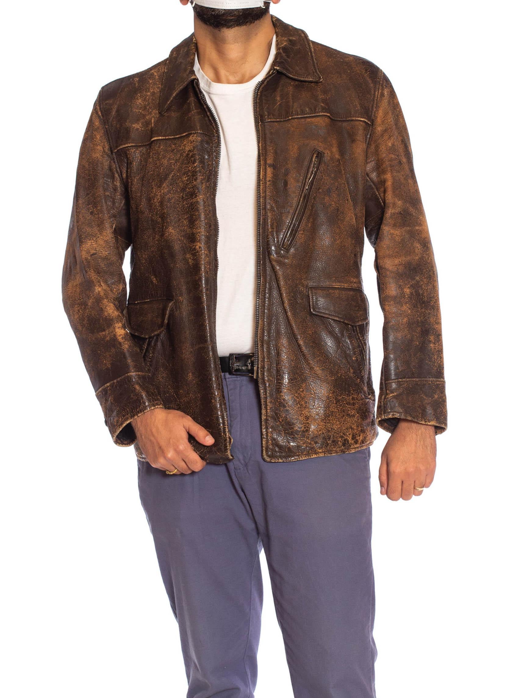1940S Chaqueta de cuero marrón envejecido con cremallera delantera en Bueno Estado en New York, NY