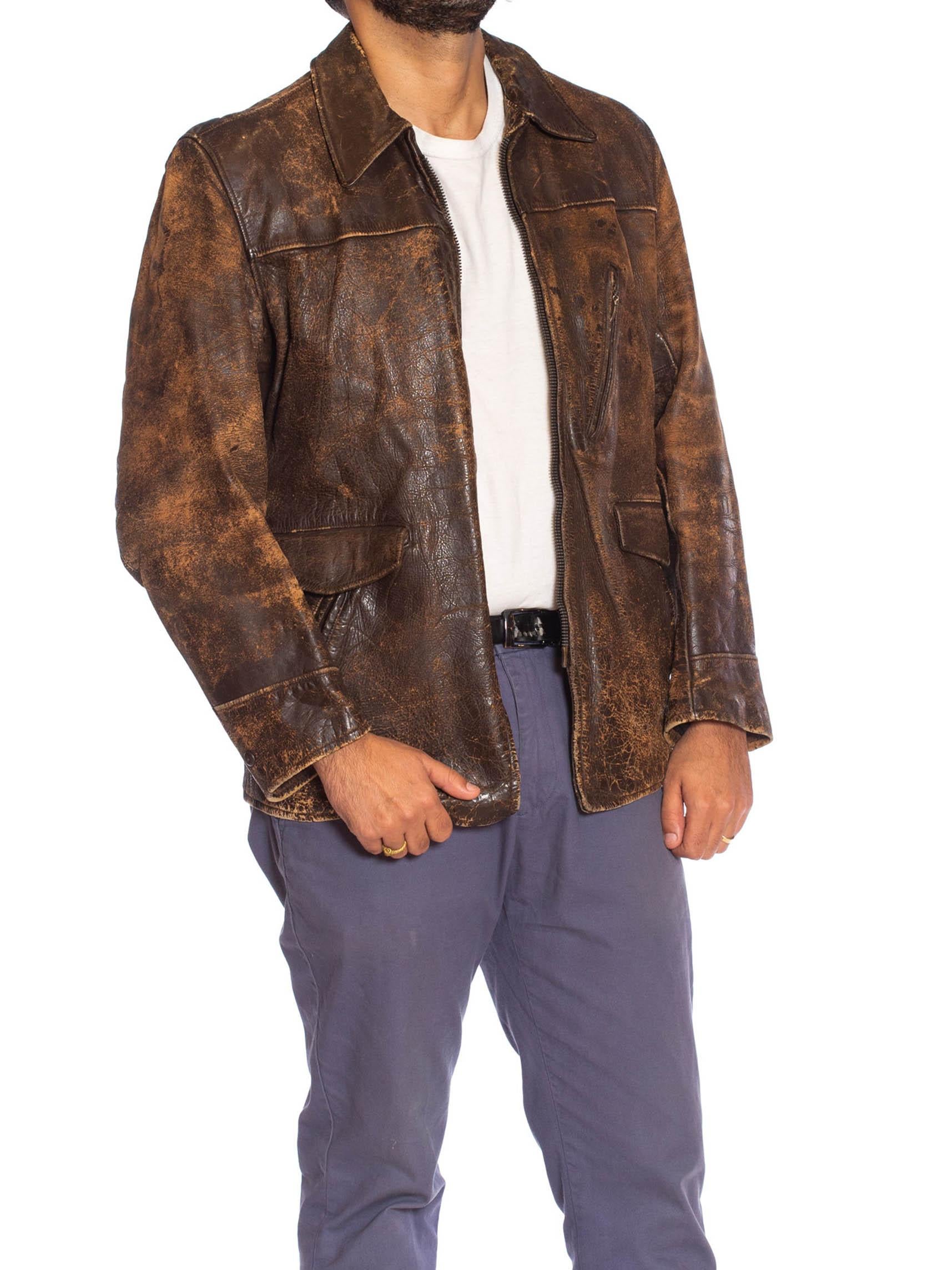 De los hombres 1940S Chaqueta de cuero marrón envejecido con cremallera delantera