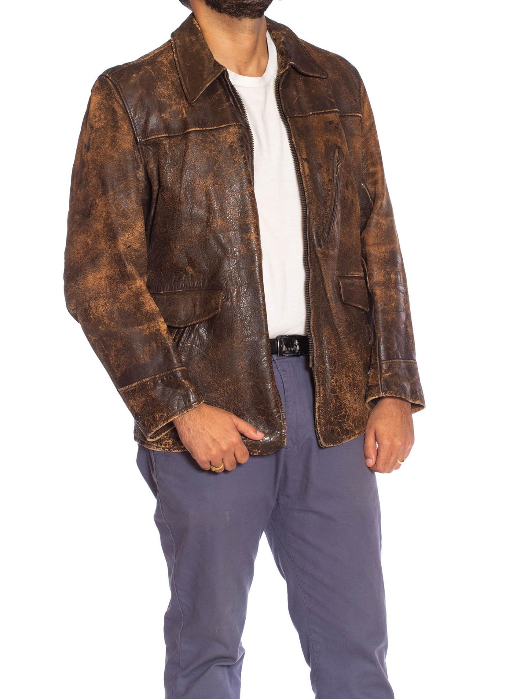 Black 1940S Brown Leather Distressed Zipper Front Jacket For Sale