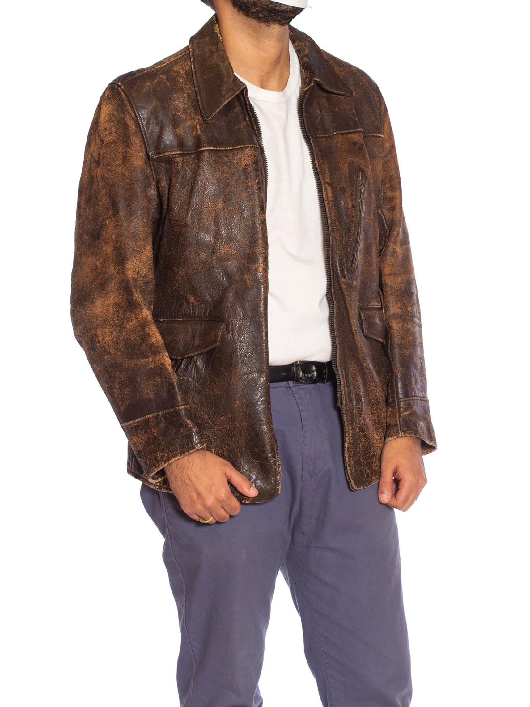 1940S Brown Leather Distressed Zipper Front Jacket For Sale 3