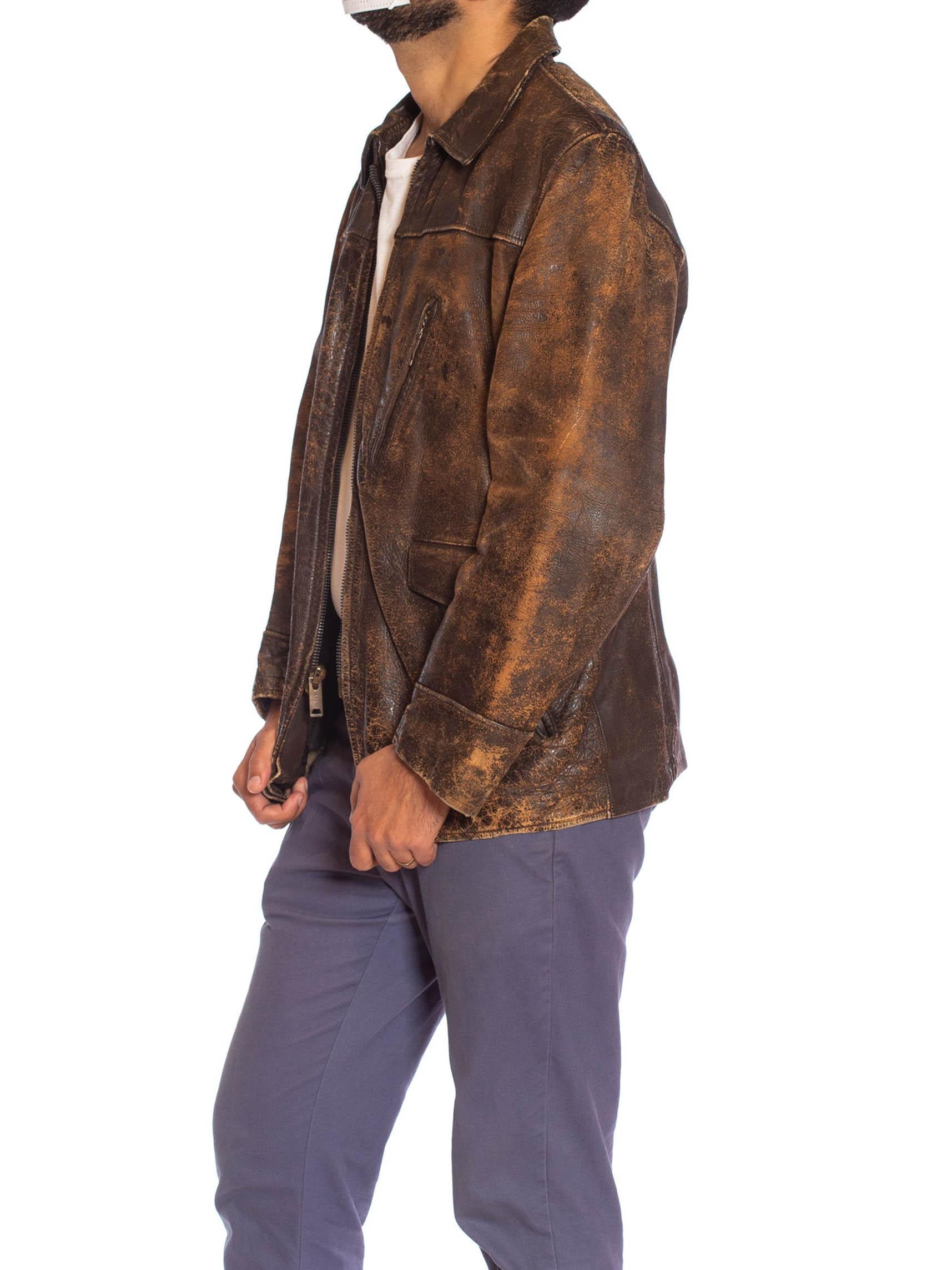 1940S Chaqueta de cuero marrón envejecido con cremallera delantera 3