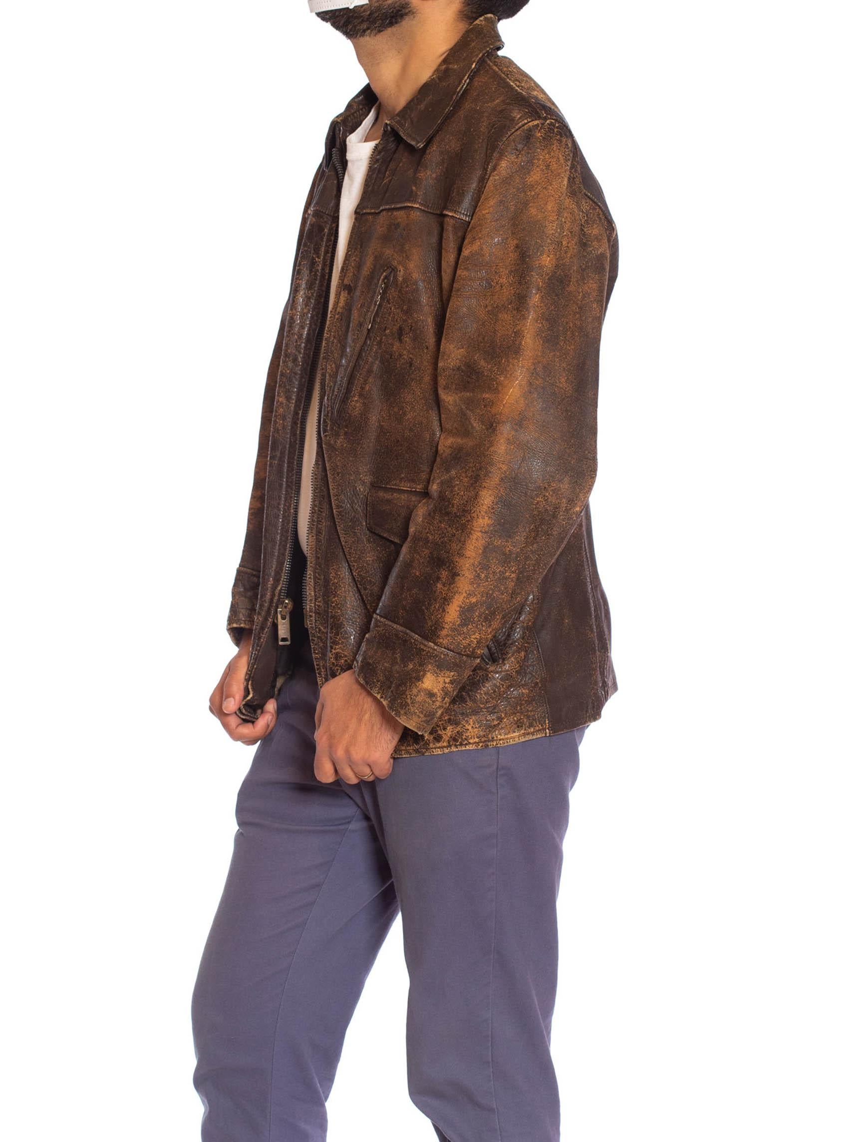 1940S Brown Leather Distressed Zipper Front Jacket For Sale 1