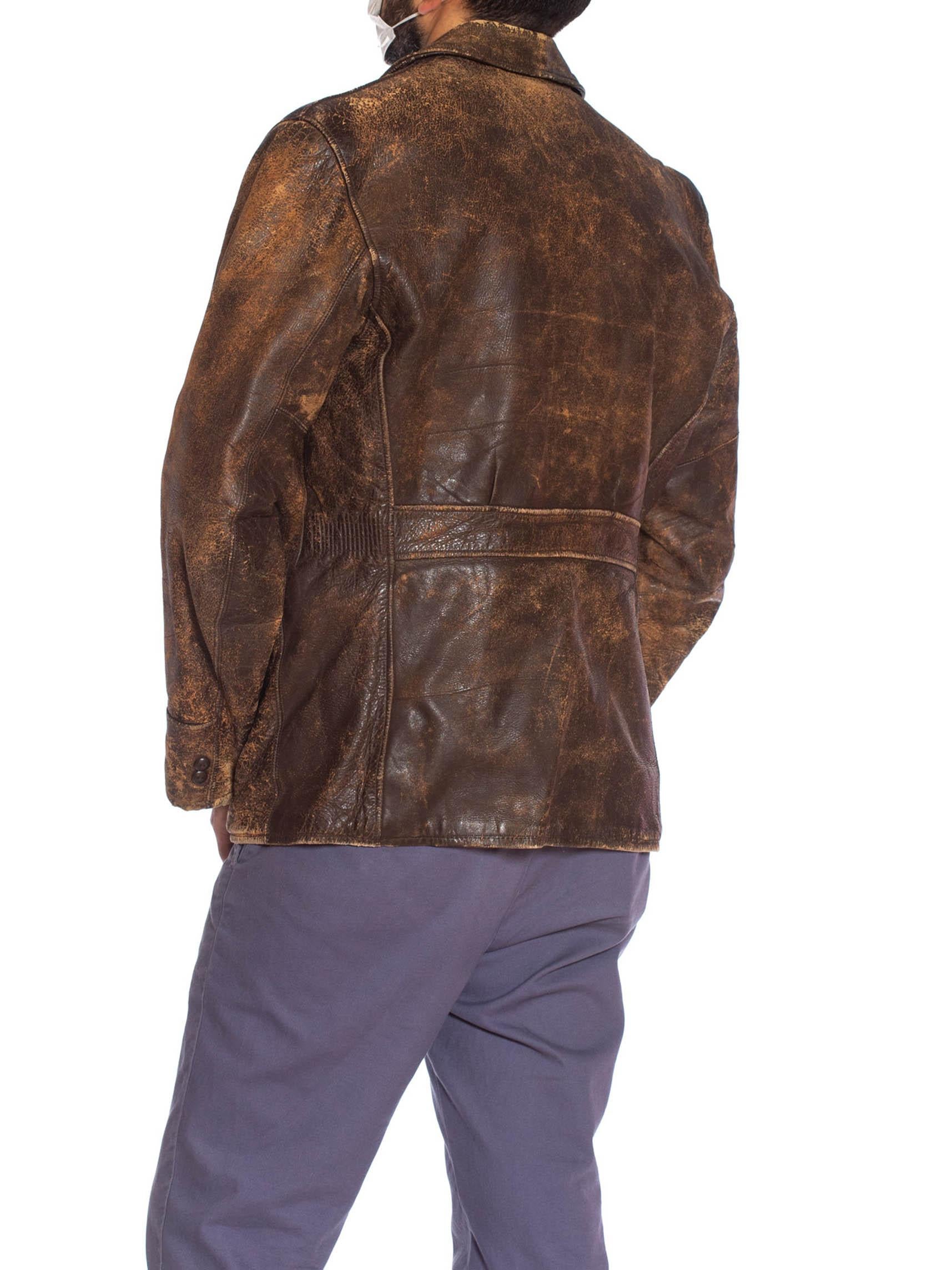 1940S Brown Leather Distressed Zipper Front Jacket For Sale 5