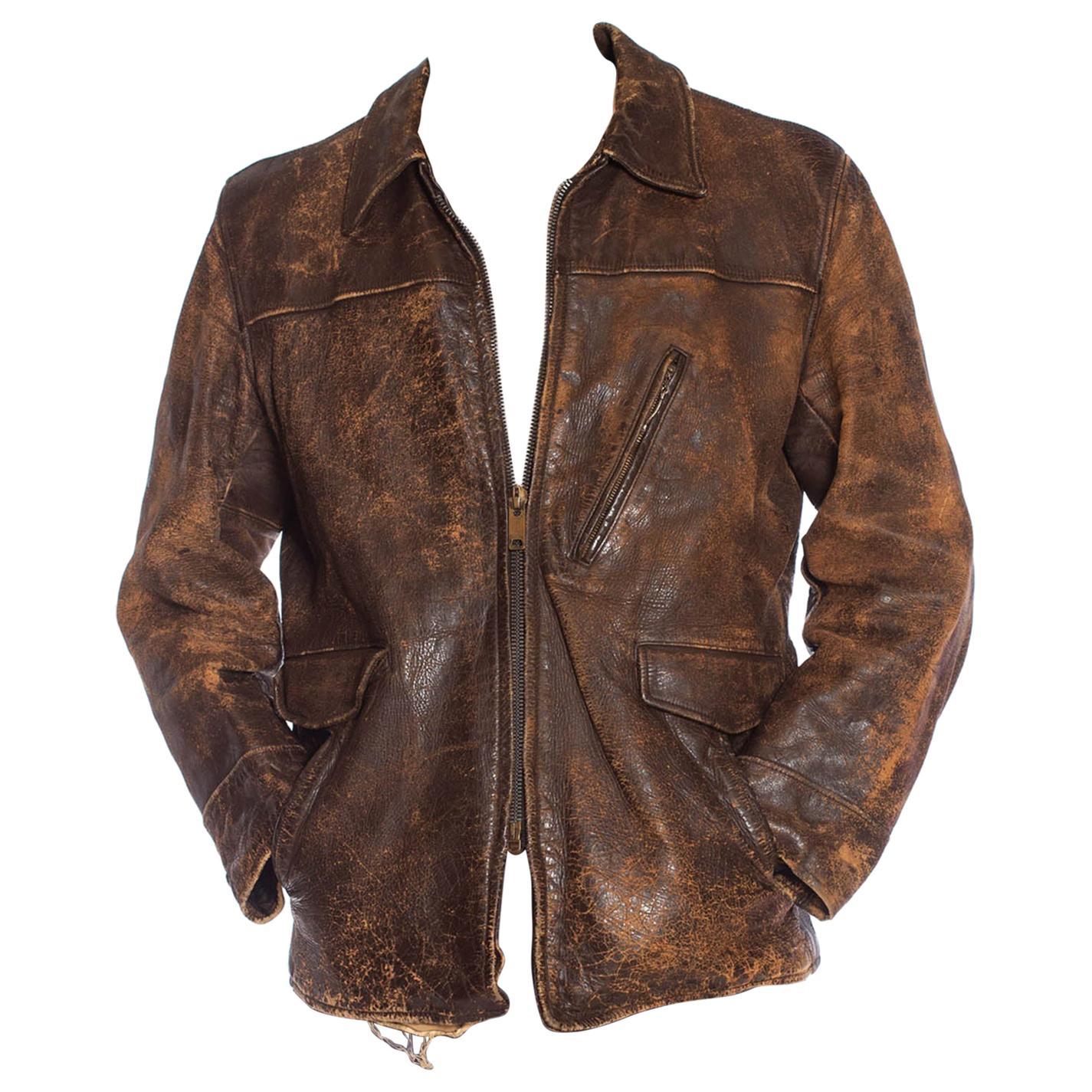 1940S Brown Leather Distressed Zipper Front Jacket For Sale