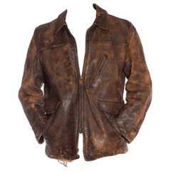 1940S Veste à fermeture éclair en cuir brun vieilli