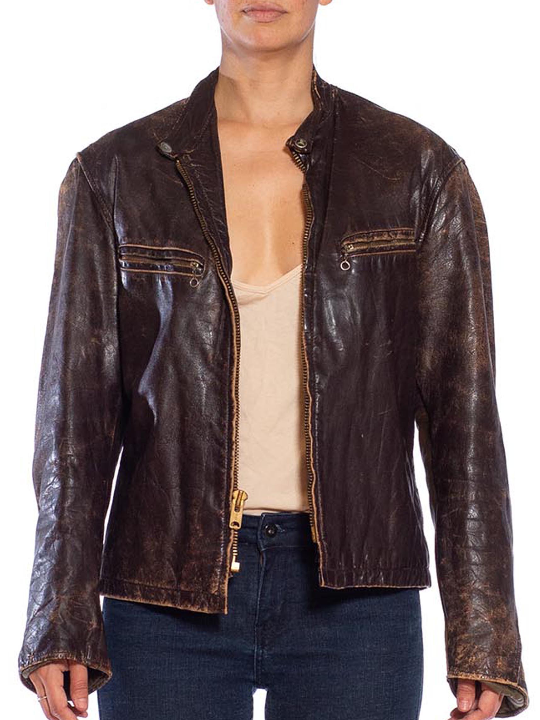 As is 1940S Brown Leather Horsehide Jacket 