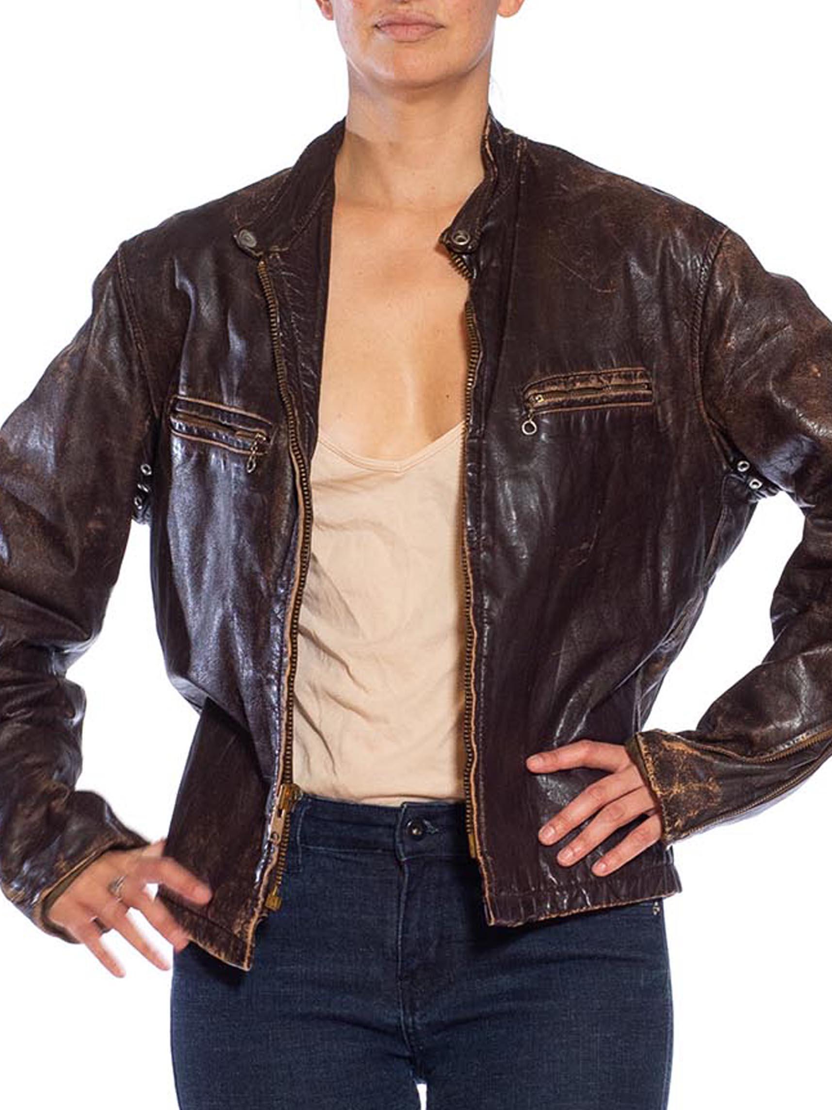 Black 1940S Brown Leather Horsehide Jacket For Sale