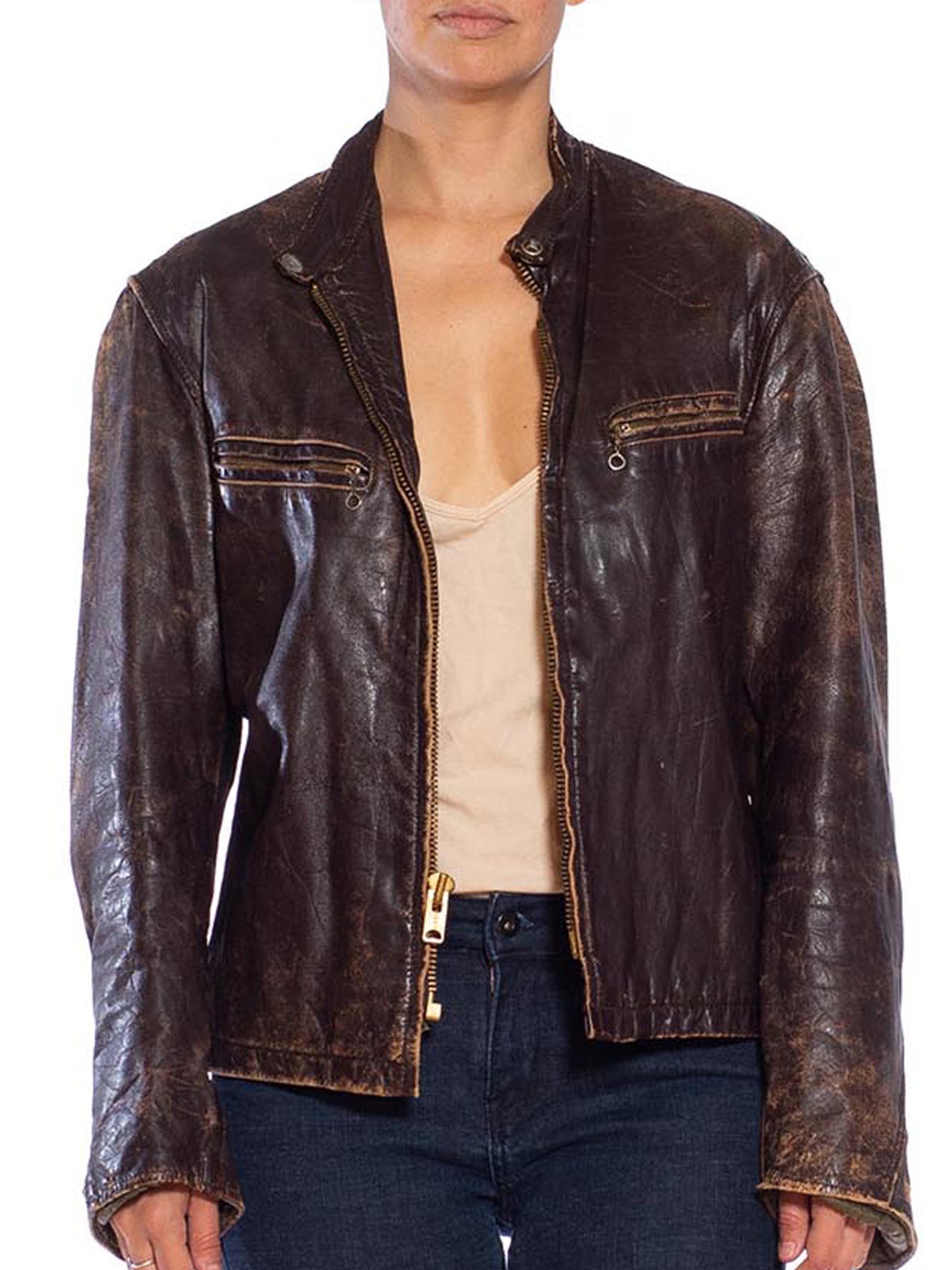 Men's 1940S Brown Leather Horsehide Jacket For Sale