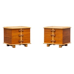 1940s Brown Mahogany, Leather and Brass Nightstands by Paul Frankl