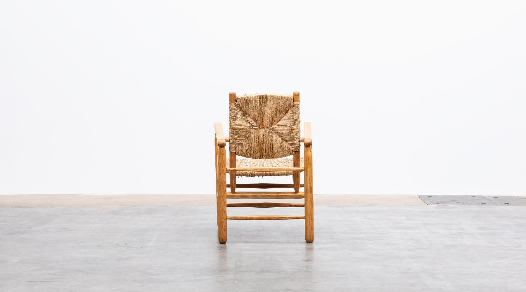 1940s Brown Oak and Rush Pair of Lounge Chairs by Charlotte Perriand 4