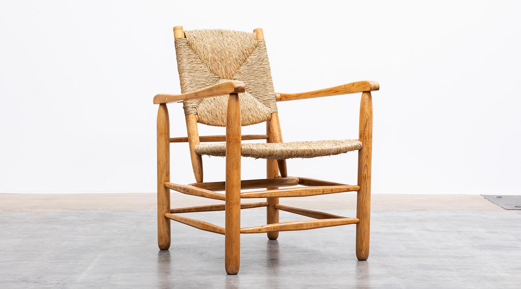 1940s Brown Oak and Rush Pair of Lounge Chairs by Charlotte Perriand 6