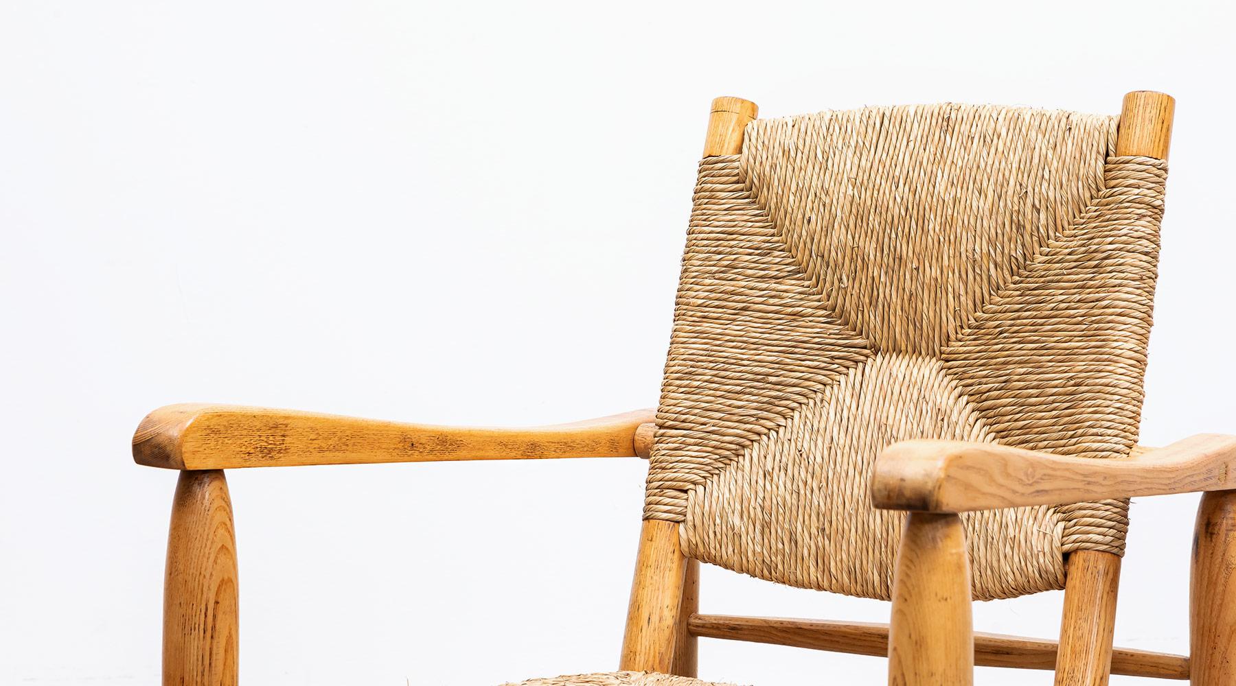 1940s Brown Oak and Rush Pair of Lounge Chairs by Charlotte Perriand 8