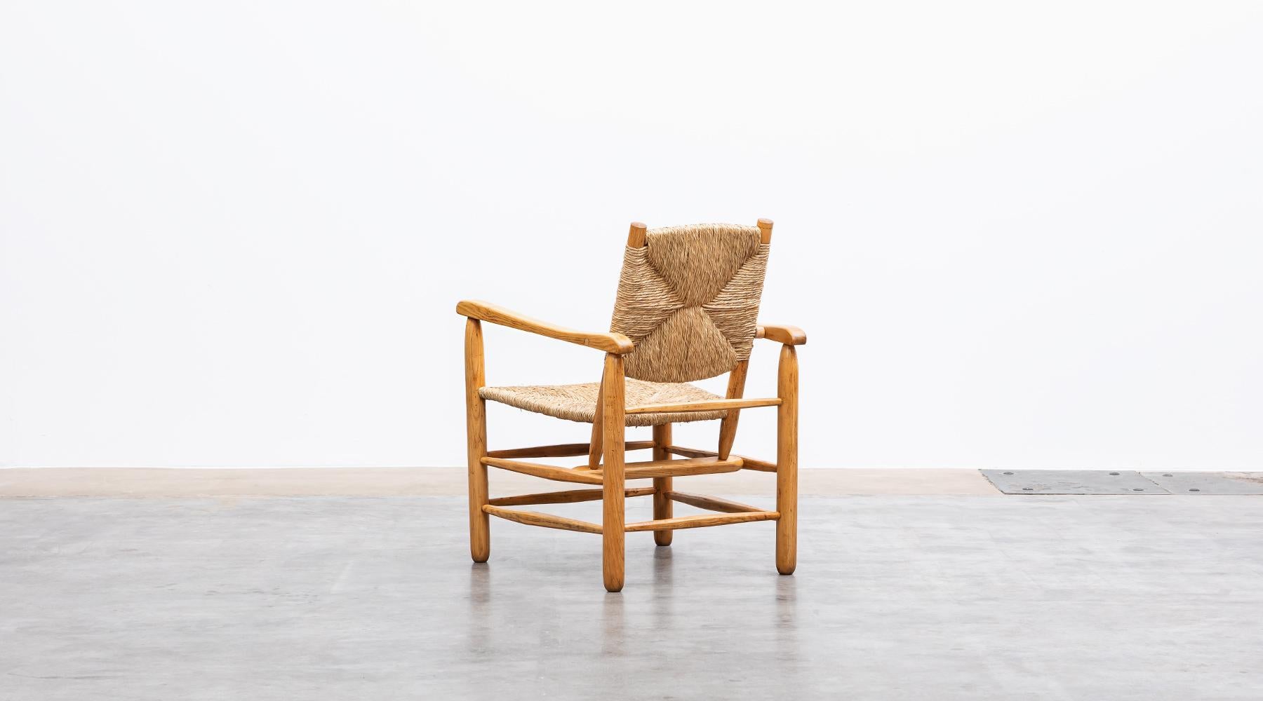 1940s Brown Oak and Rush Pair of Lounge Chairs by Charlotte Perriand 3