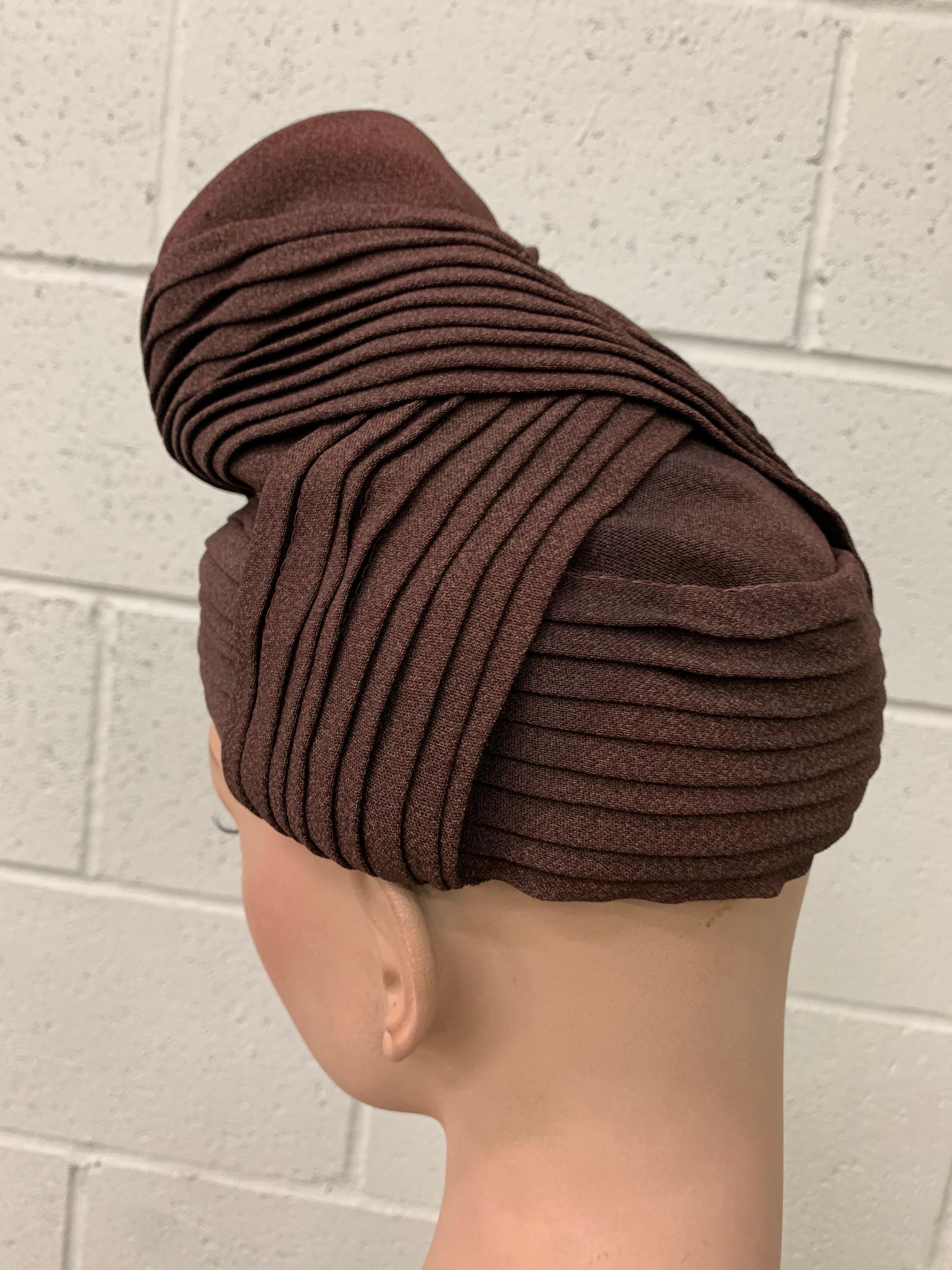 1940s Brown Pleated Crepe Turban w Funnel Shape at Crown - Embellish As You Like:  Unmarked high 40s Silver Screen style cocoa-brown turban with a cornucopia shaped funnel top just begging for some personalization--could be flowers? Feathers? Or a