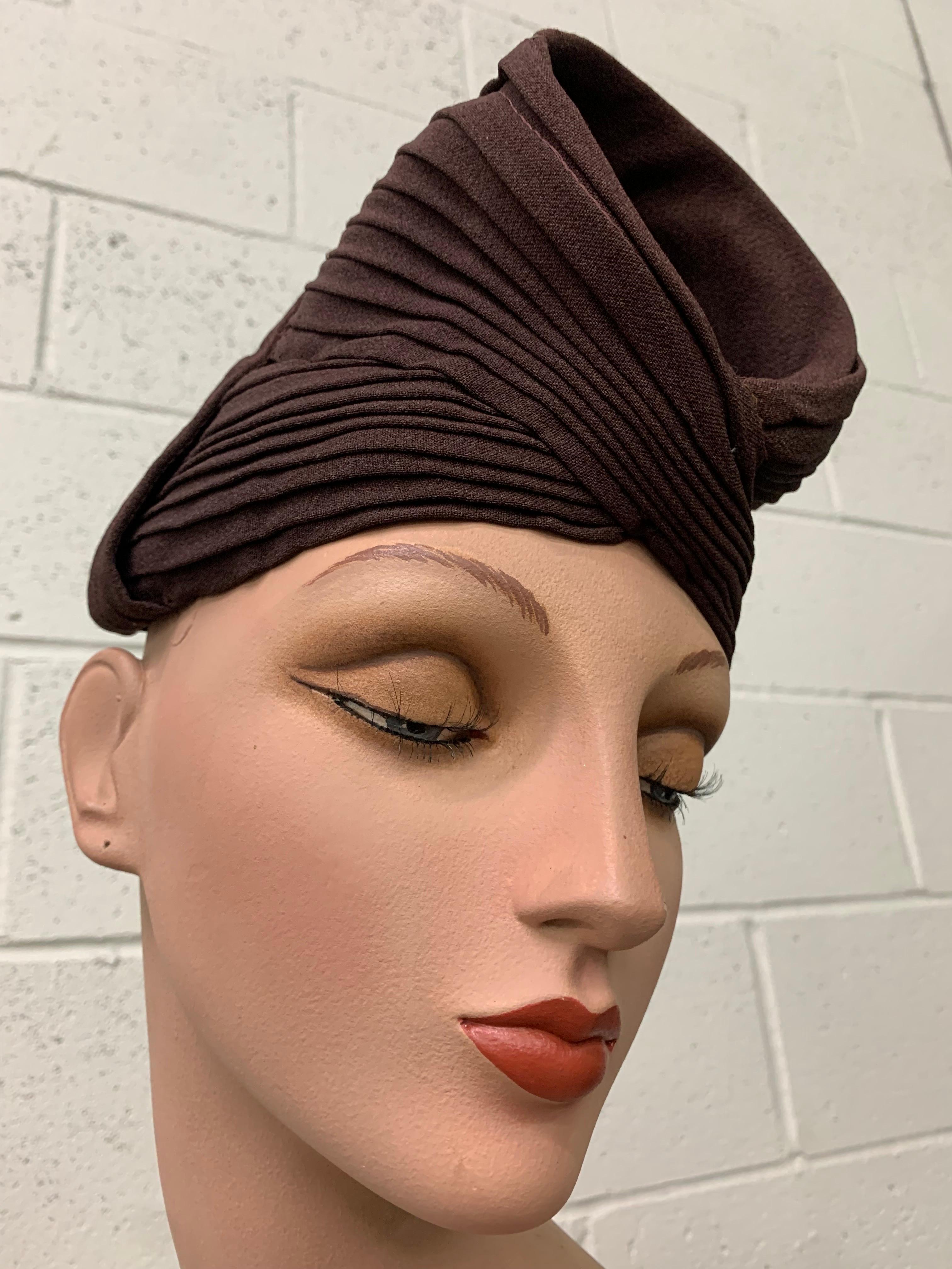 Black 1940s Brown Pleated Crepe Turban w Funnel Shape at Crown - Embellish As You Like For Sale