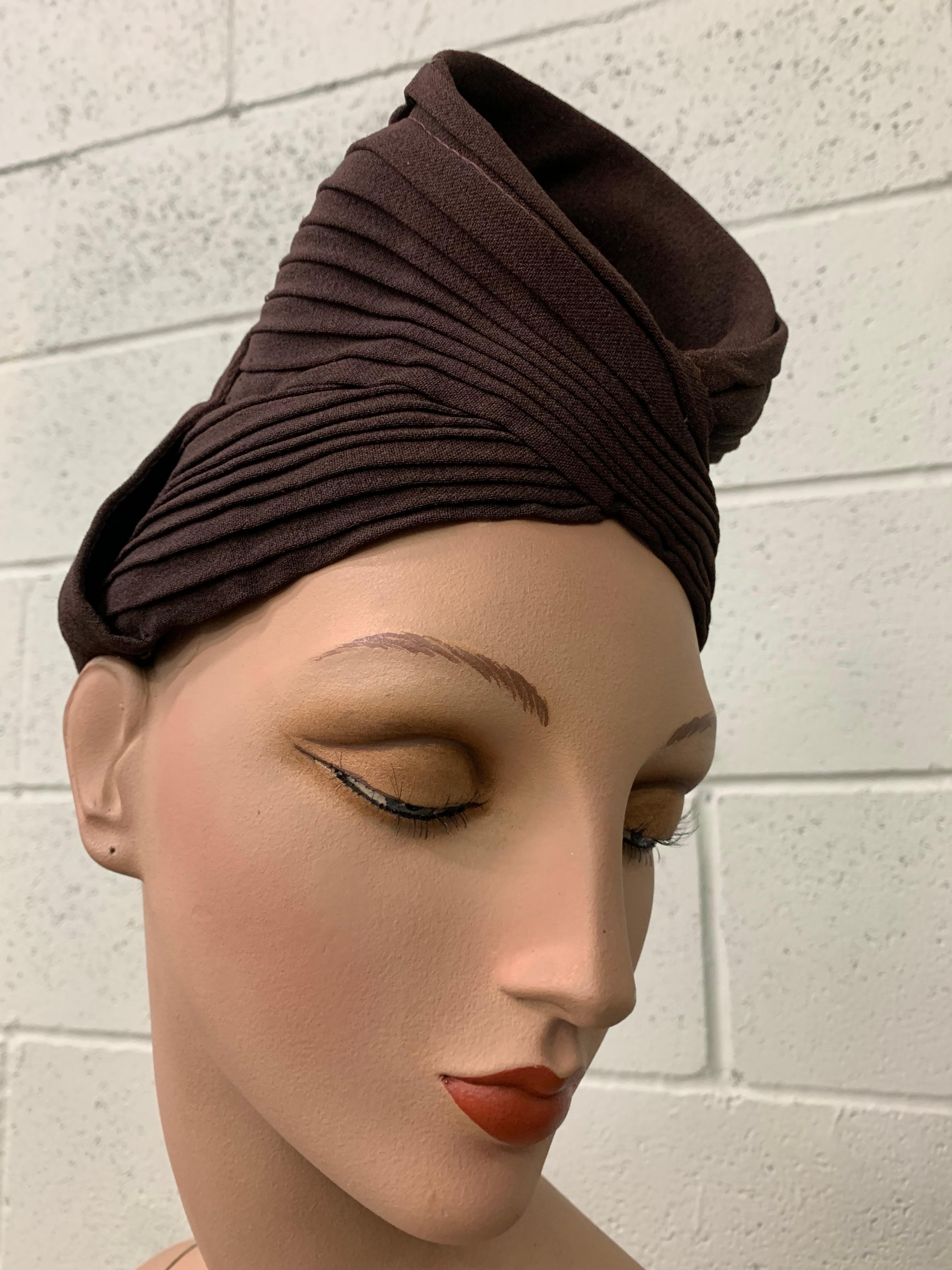 1940s Brown Pleated Crepe Turban w Funnel Shape at Crown - Embellish As You Like In Good Condition For Sale In Gresham, OR