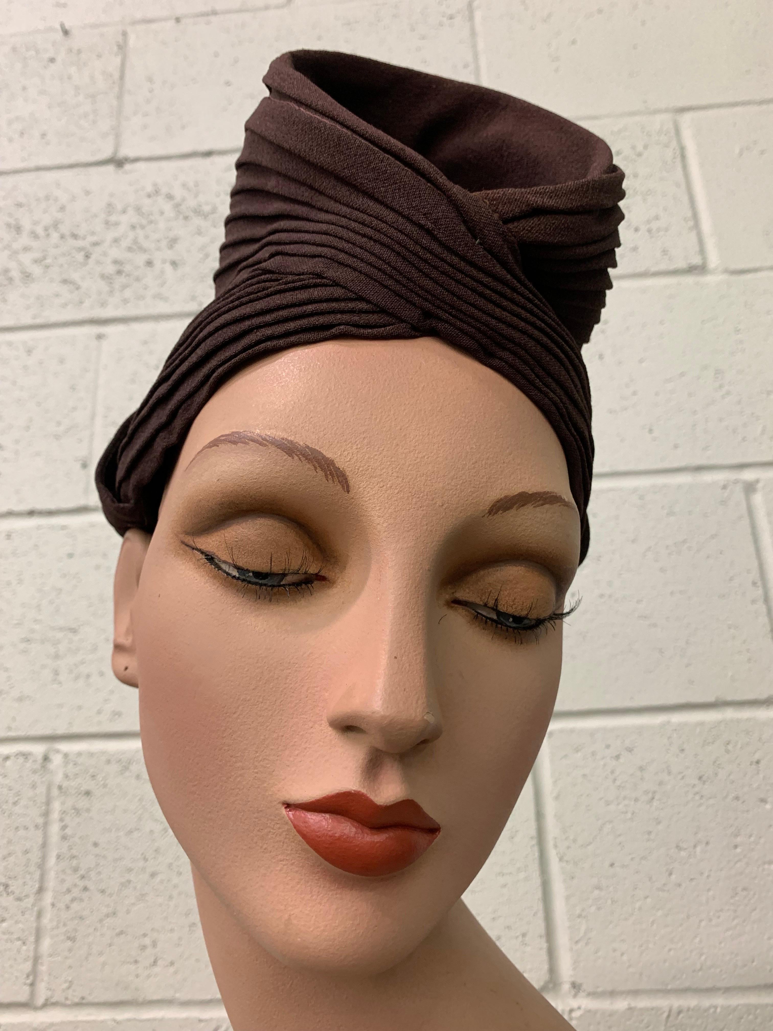 Women's 1940s Brown Pleated Crepe Turban w Funnel Shape at Crown - Embellish As You Like For Sale