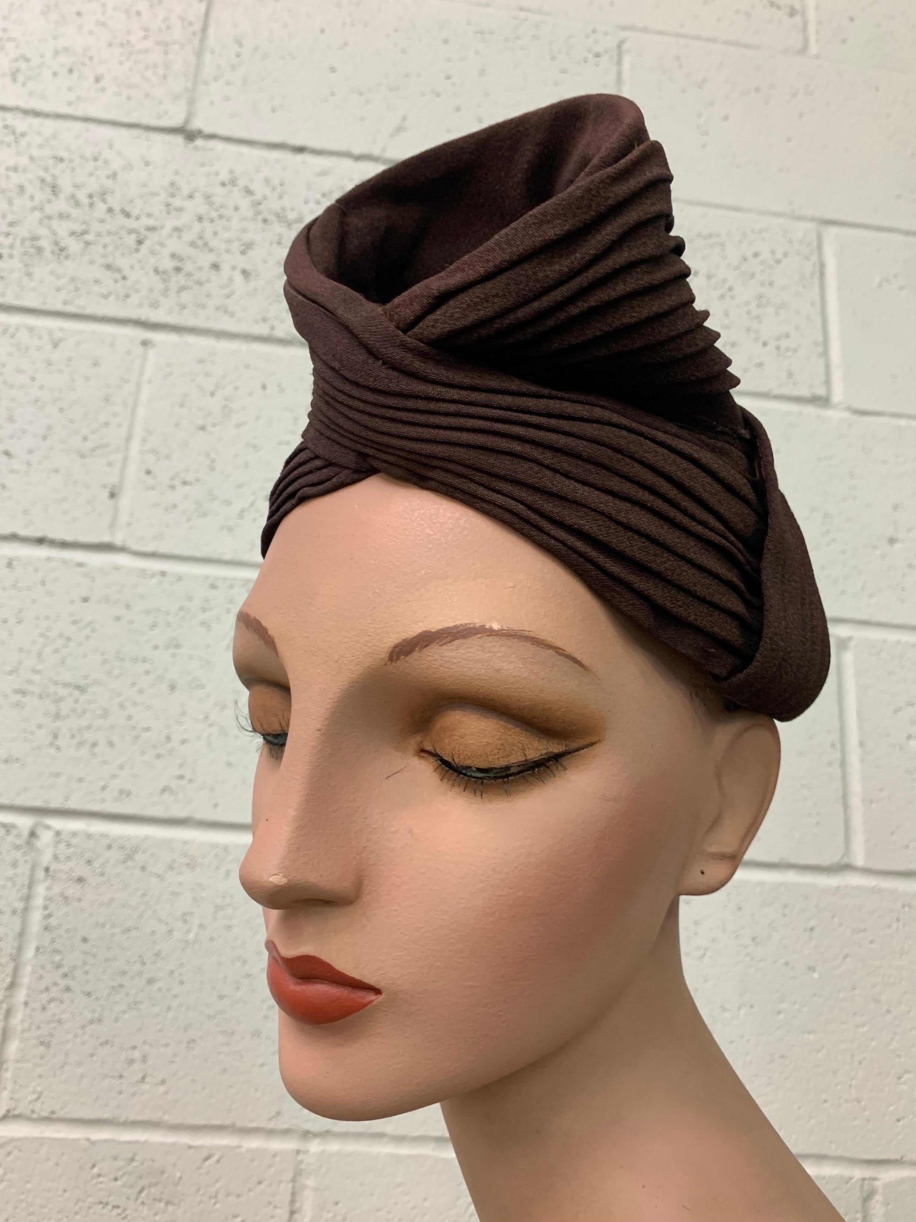 1940s Brown Pleated Crepe Turban w Funnel Shape at Crown - Embellish As You Like For Sale 1