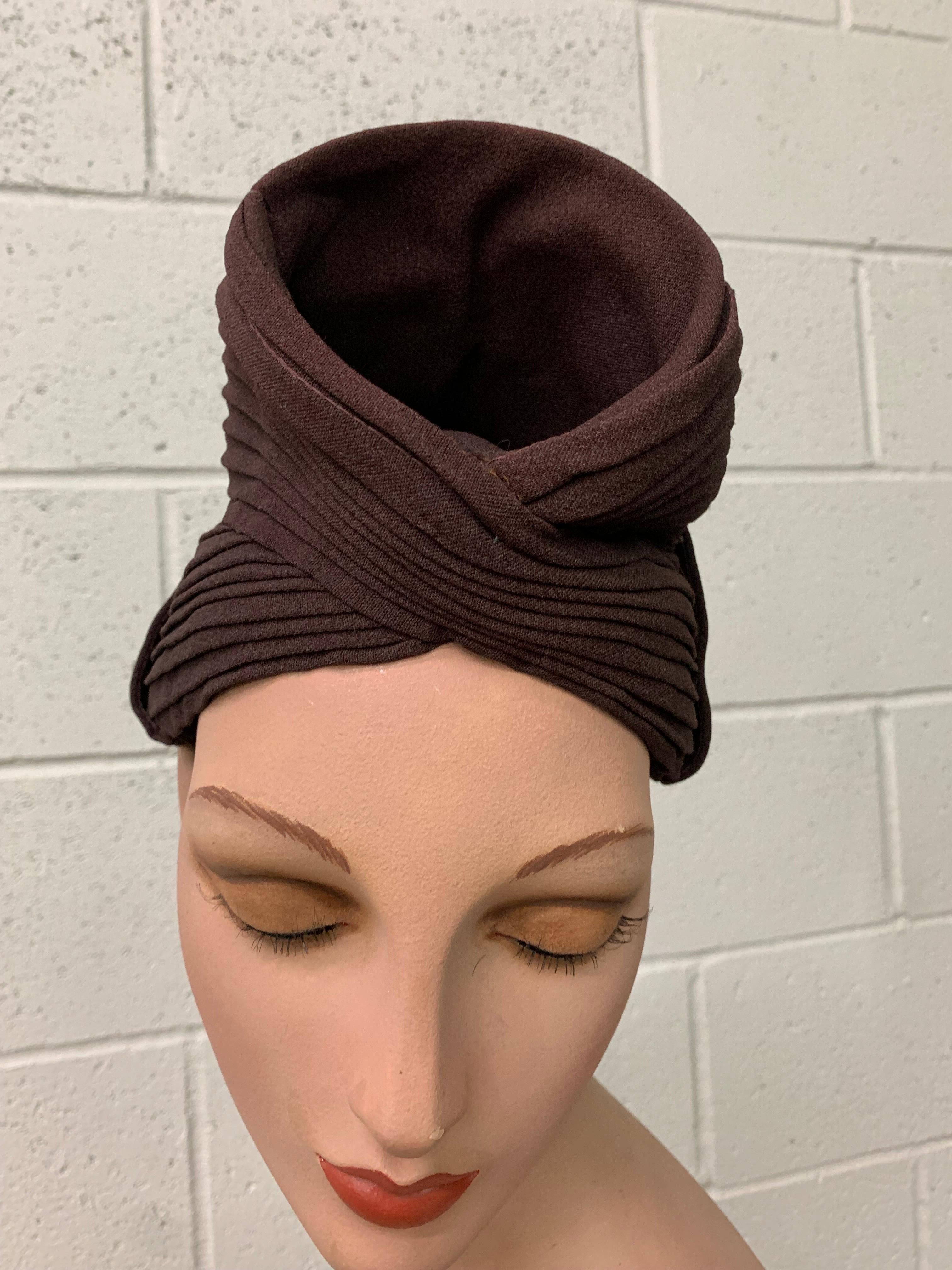 1940s Brown Pleated Crepe Turban w Funnel Shape at Crown - Embellish As You Like For Sale 2
