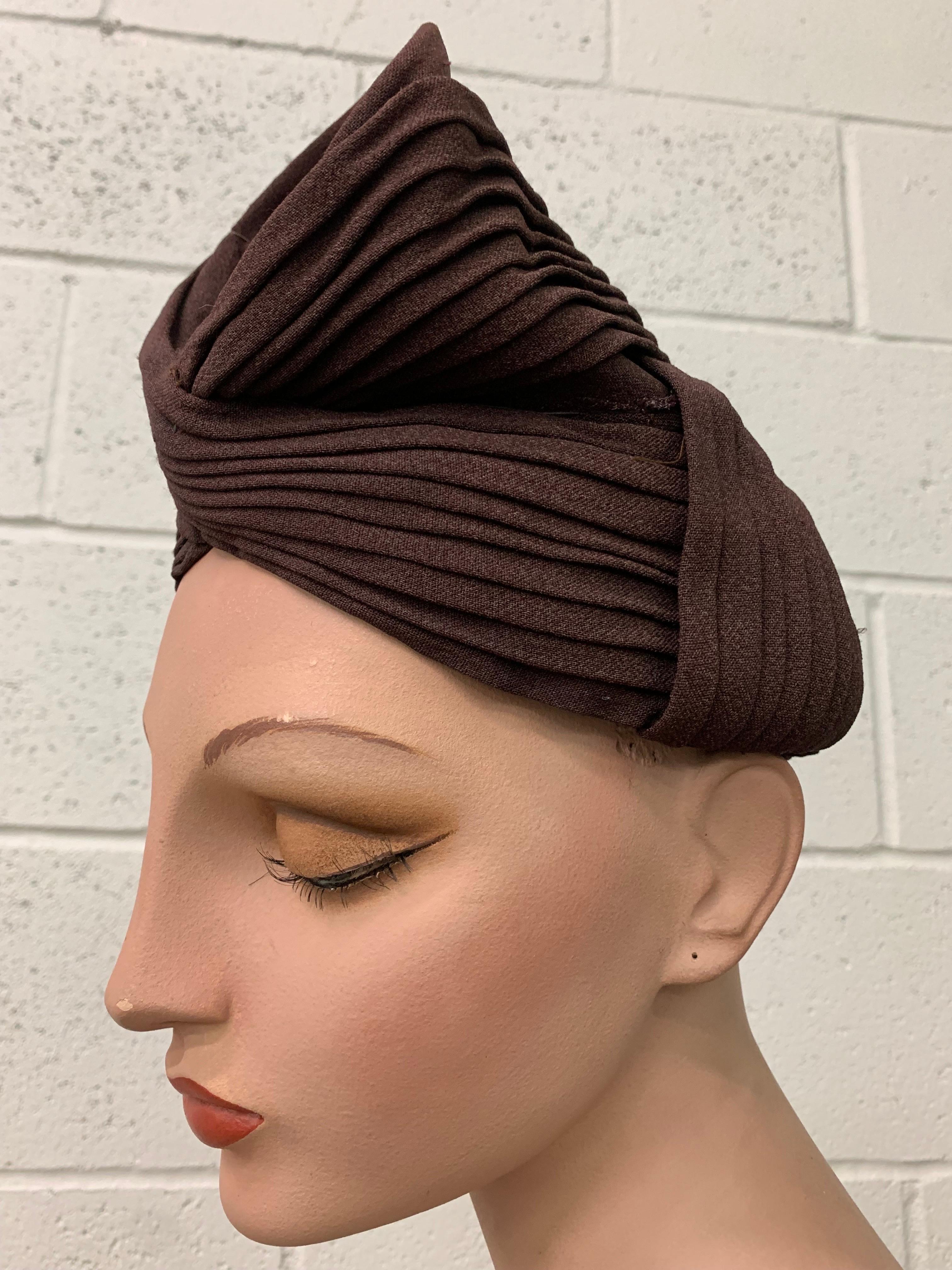 1940s Brown Pleated Crepe Turban w Funnel Shape at Crown - Embellish As You Like For Sale 3