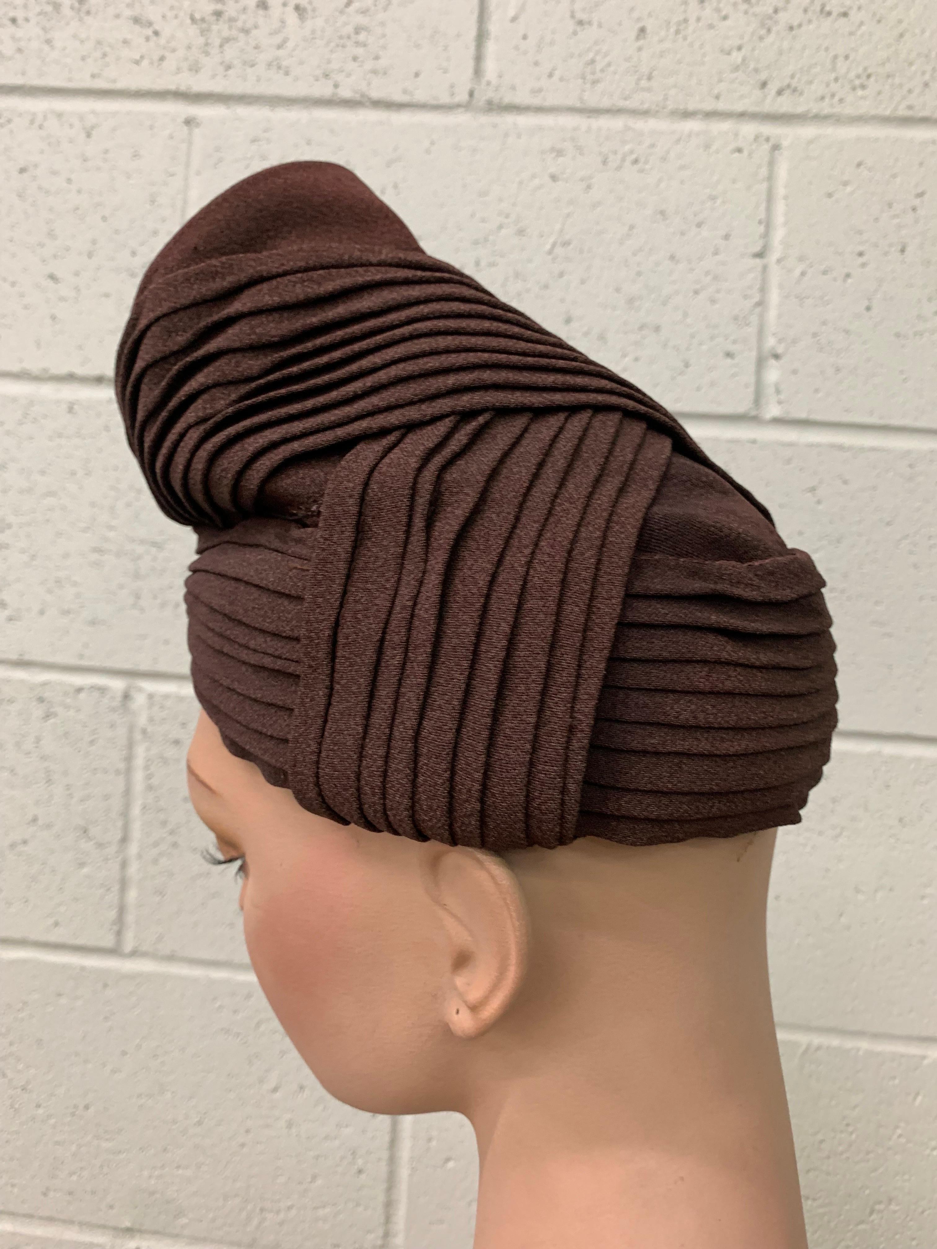 1940s Brown Pleated Crepe Turban w Funnel Shape at Crown - Embellish As You Like For Sale 4