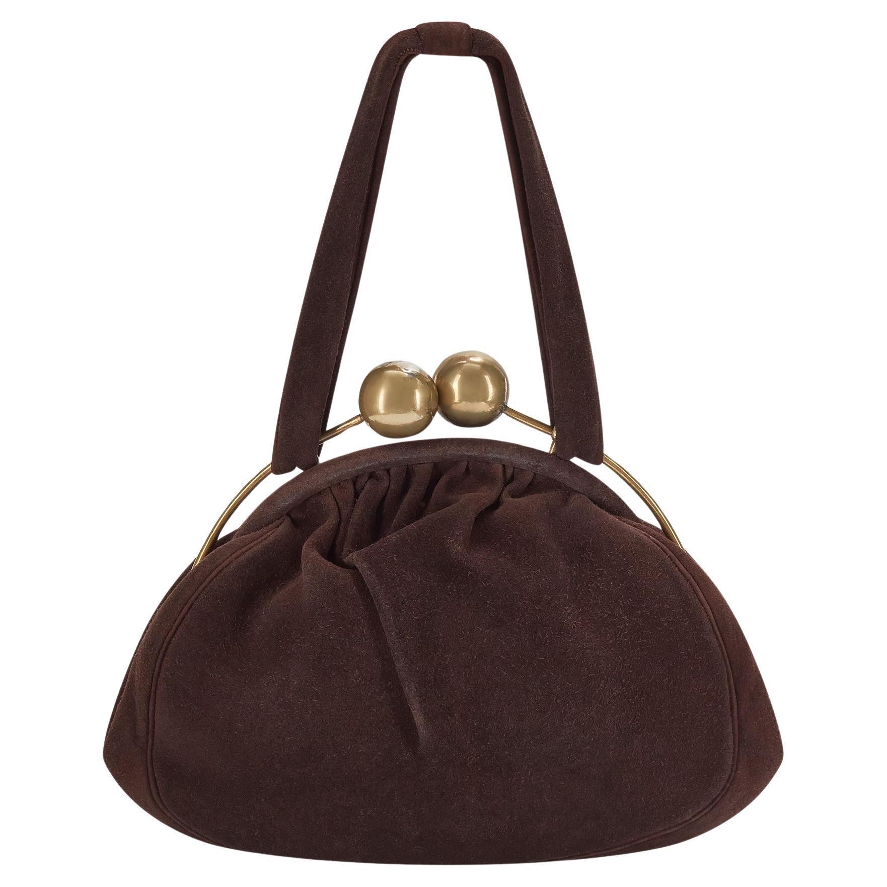 1940s Brown Suede Barrel Clasp Bag For Sale