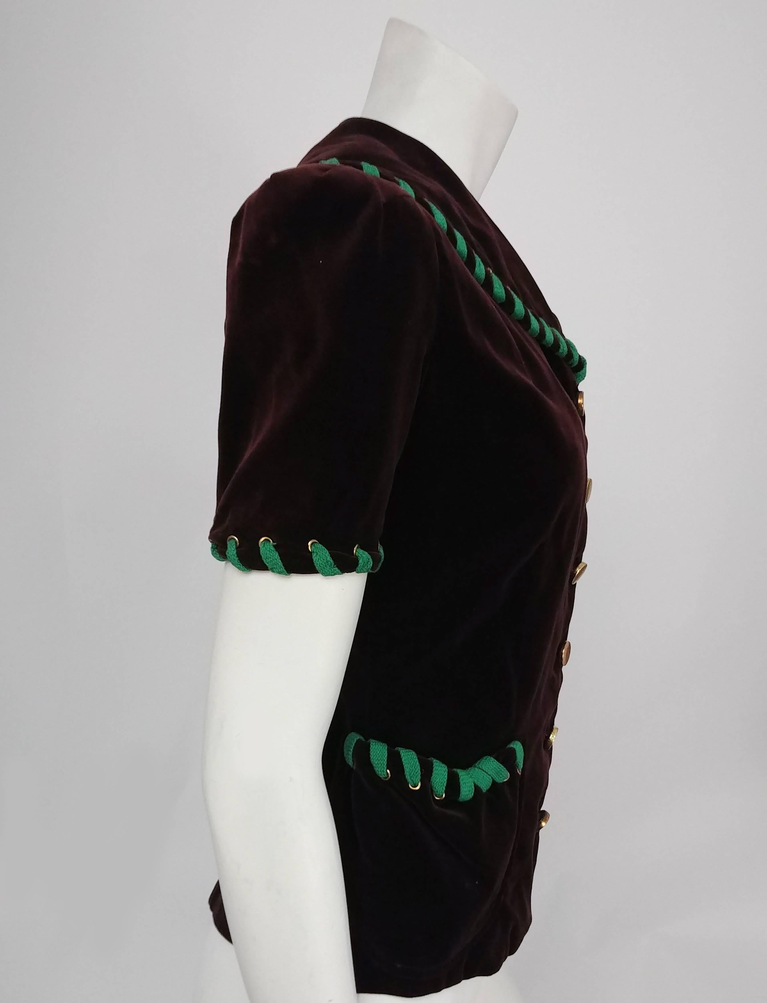 1940s Brown Velvet Top w/ Green Lacing. Adorable brown velvet top with gold buttons, green lacing at collar, sleeves, and hem.