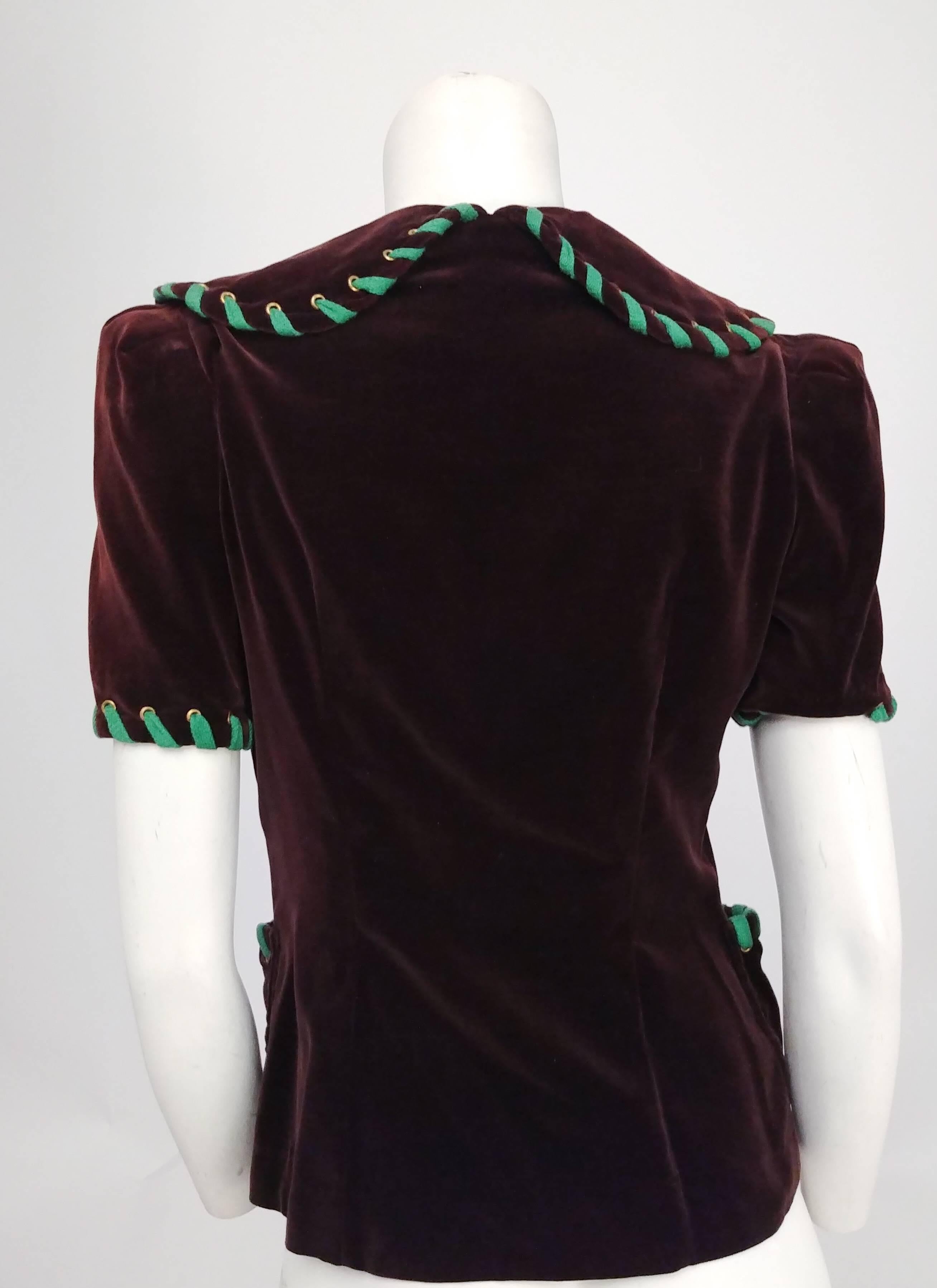 Black Brown Velvet Top with Green Lacing, 1940s  For Sale