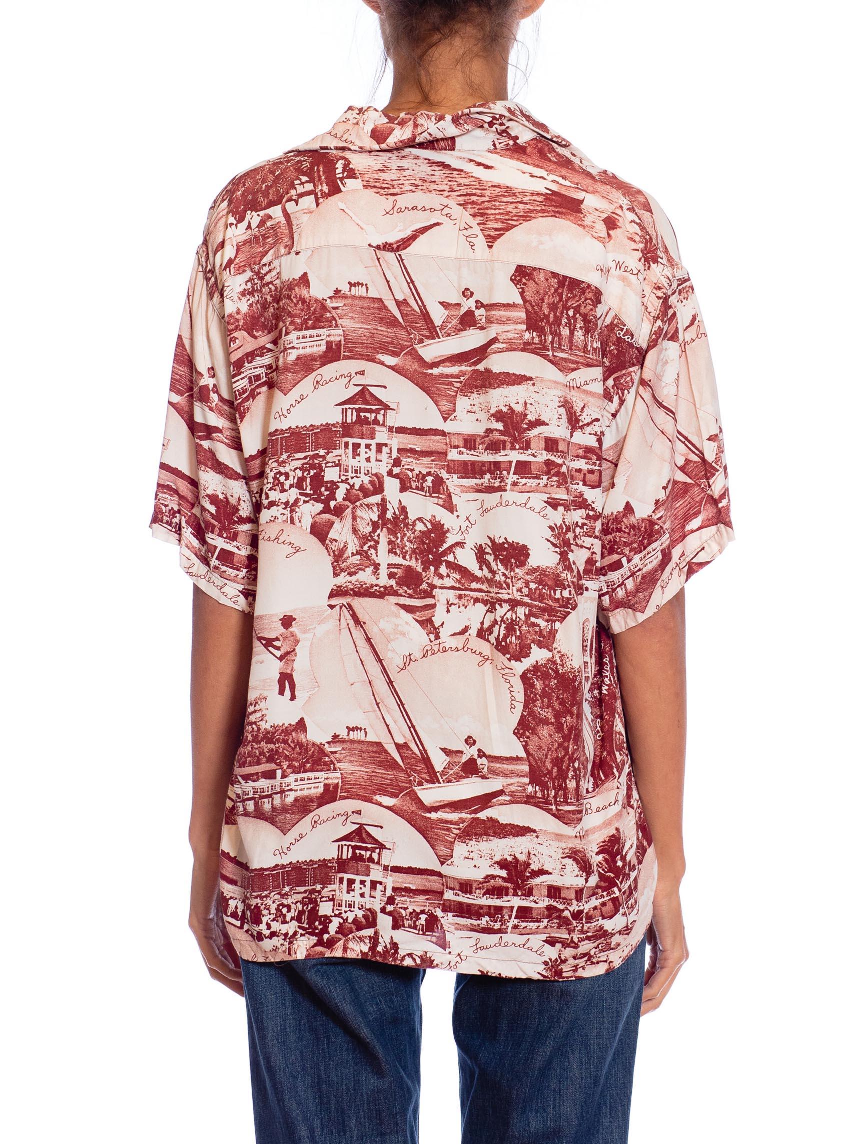 Men's 1940S Brown & White Rayon Mens Florida Tropical Photo Print Tourist Shirt For Sale