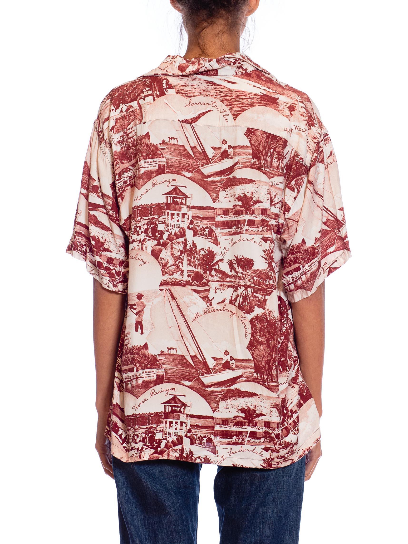 1940S Brown & White Rayon Mens Florida Tropical Photo Print Tourist Shirt For Sale 4