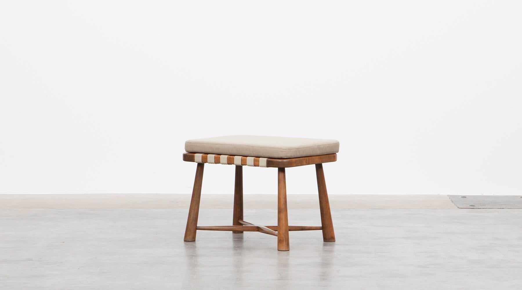 Stool, new upholstery in high-quality fabric, Sweden, 1940s.

A wonderful simple designed stool in wood, which shows character by its minimalism and simplicity. The stool is worked on the seat with textile stripes, on which lies a newly