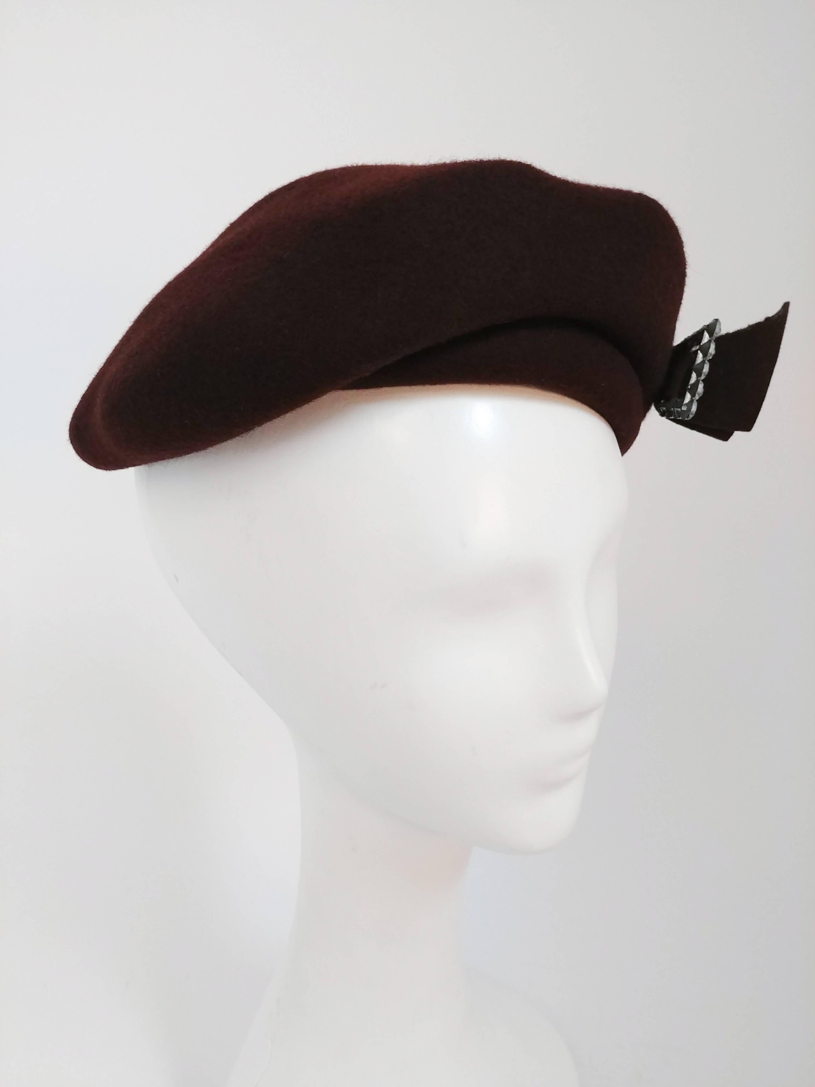 1940s Brown Wool Felt Hat w/ Rhinestone Buckle. 