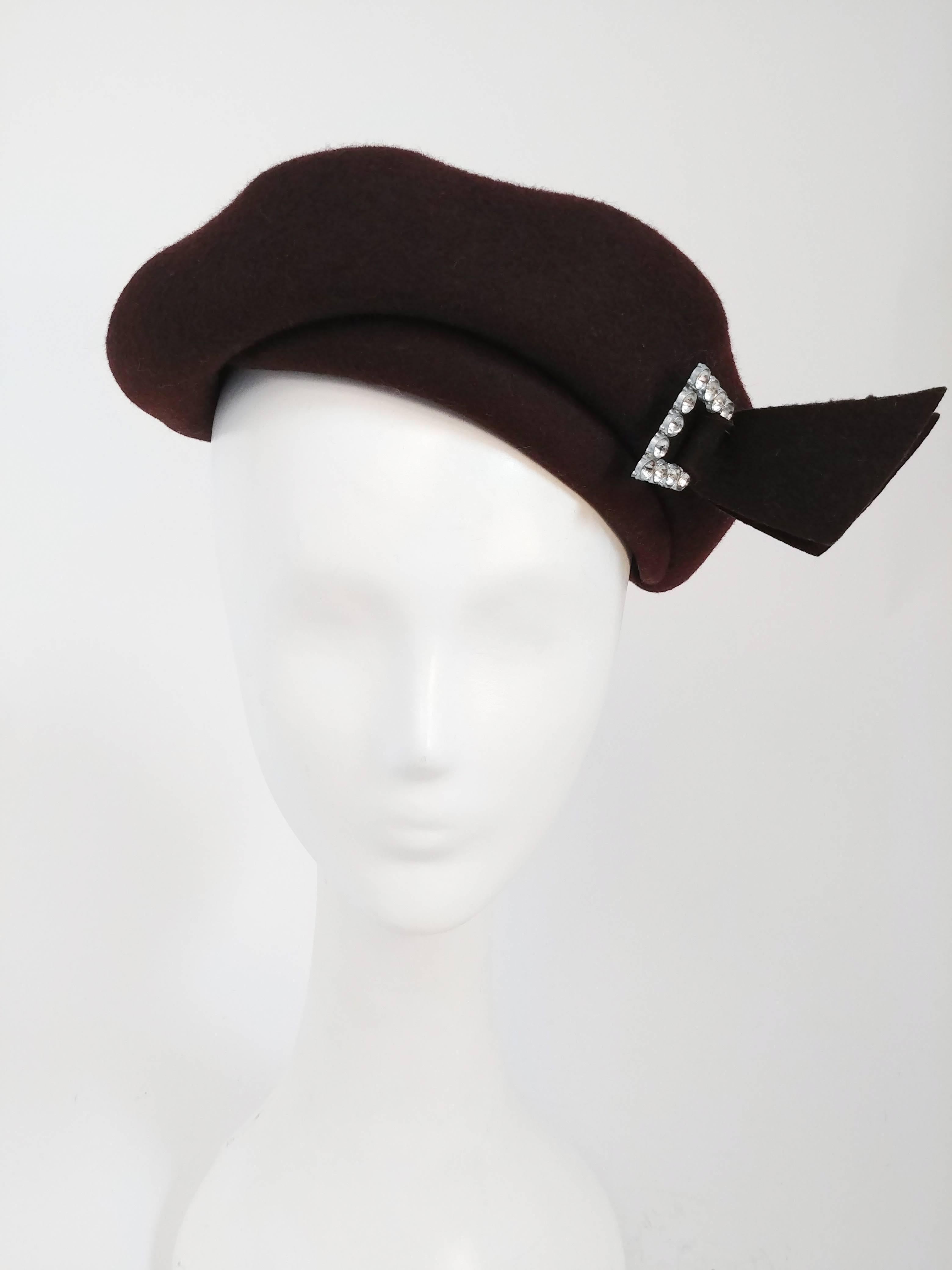 Gray 1940s Brown Wool Felt Hat w/ Rhinestone Buckle For Sale