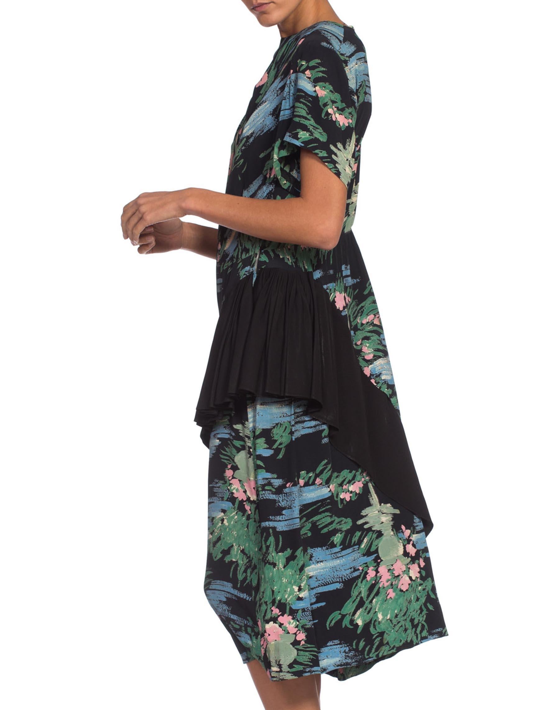 1940S Black Rayon Impressionist Floral Print Dress With Asymmetrical Peplum In Excellent Condition In New York, NY