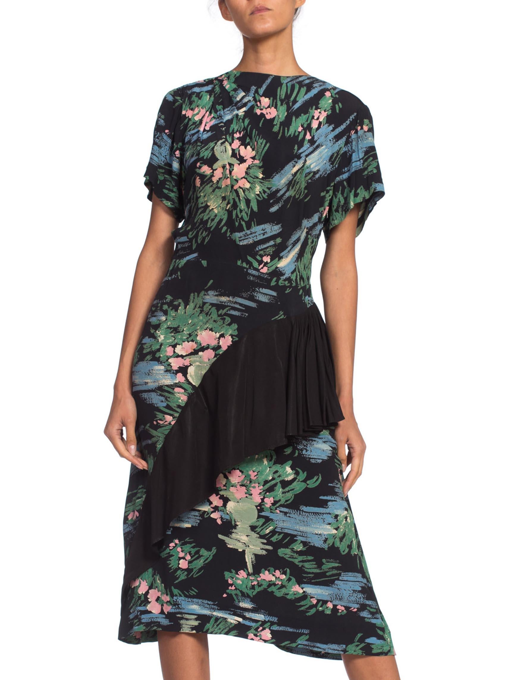 1940S Black Rayon Impressionist Floral Print Dress With Asymmetrical Peplum 1