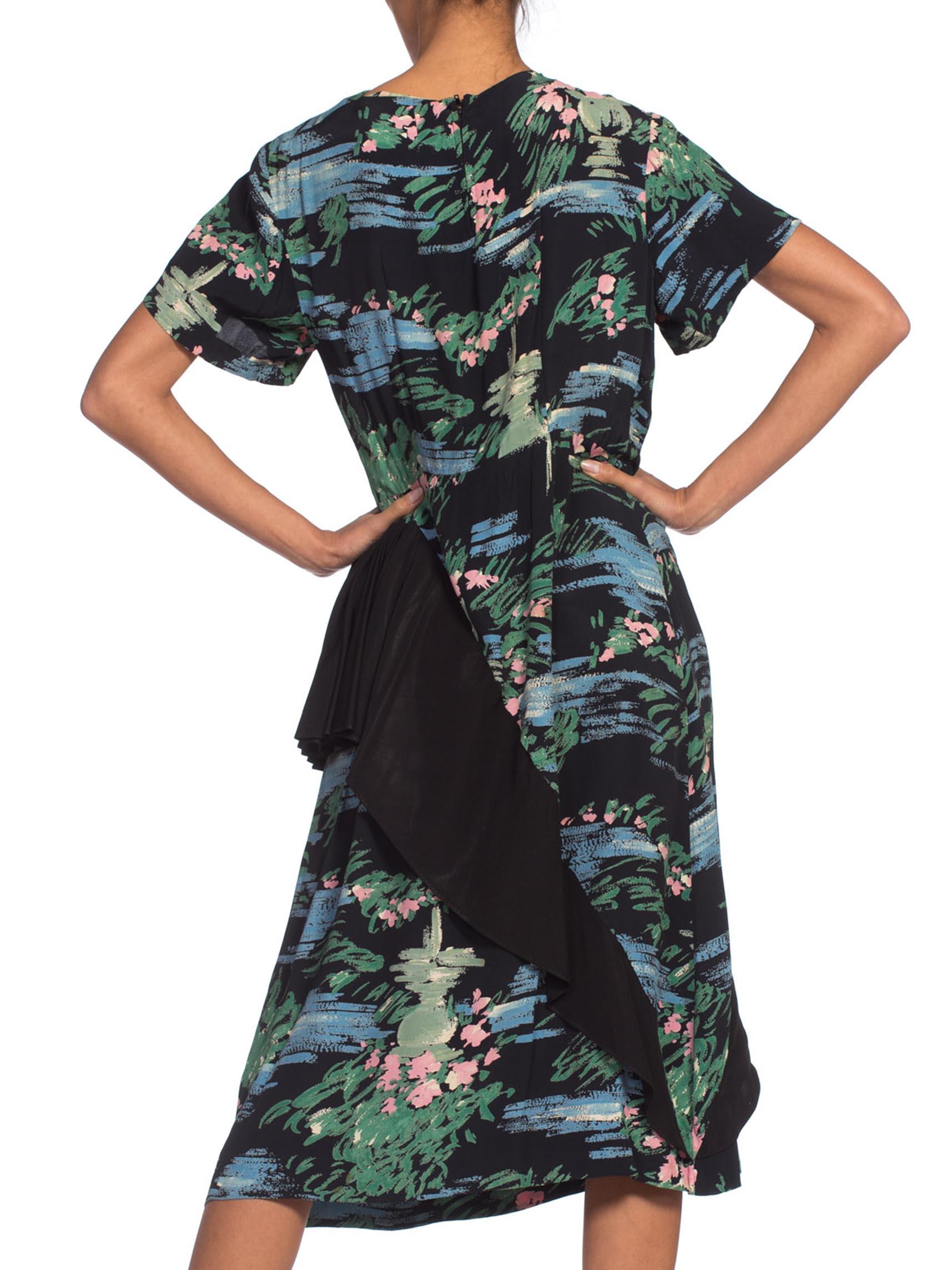 1940S Black Rayon Impressionist Floral Print Dress With Asymmetrical Peplum 2